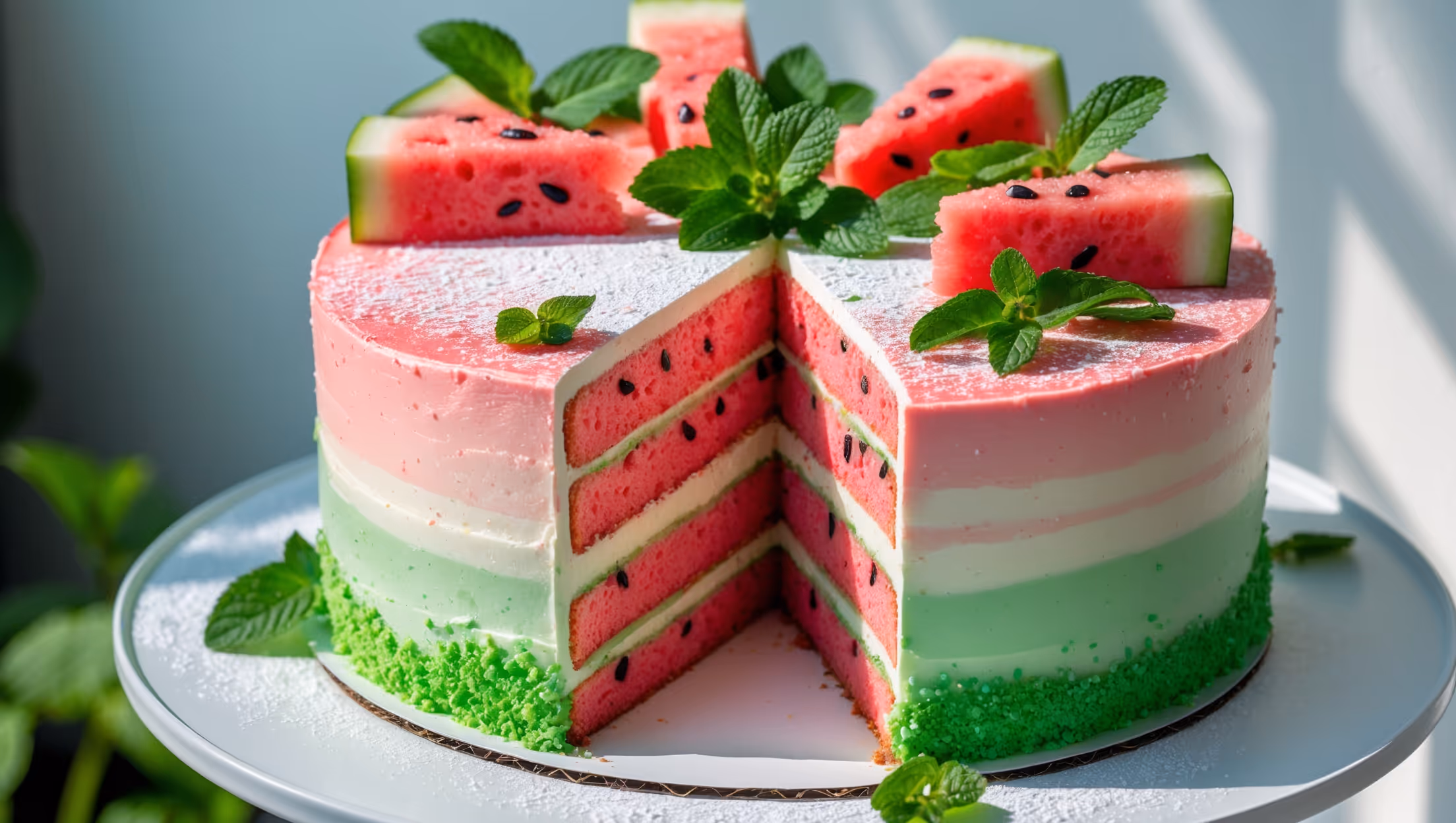 An overhead shot of a vibrant pink and green layered cake styled on a white pedestal stand against a bright summer backdrop. Soft natural light streams in, highlighting the cake's moist interior revealed through a perfect slice being removed. The cross-section displays distinct watermelon-pink layers dotted with mini chocolate "seeds," separated by pale green mint-infused cream. The top is artfully decorated with fresh watermelon wedges, mint sprigs, and a light dusting of powdered sugar. Condensation beads on the fresh fruit pieces suggest refreshing coolness, while the cake's exterior features a subtle ombré frosting that transitions from white to pale green at the base, mimicking a watermelon rind.