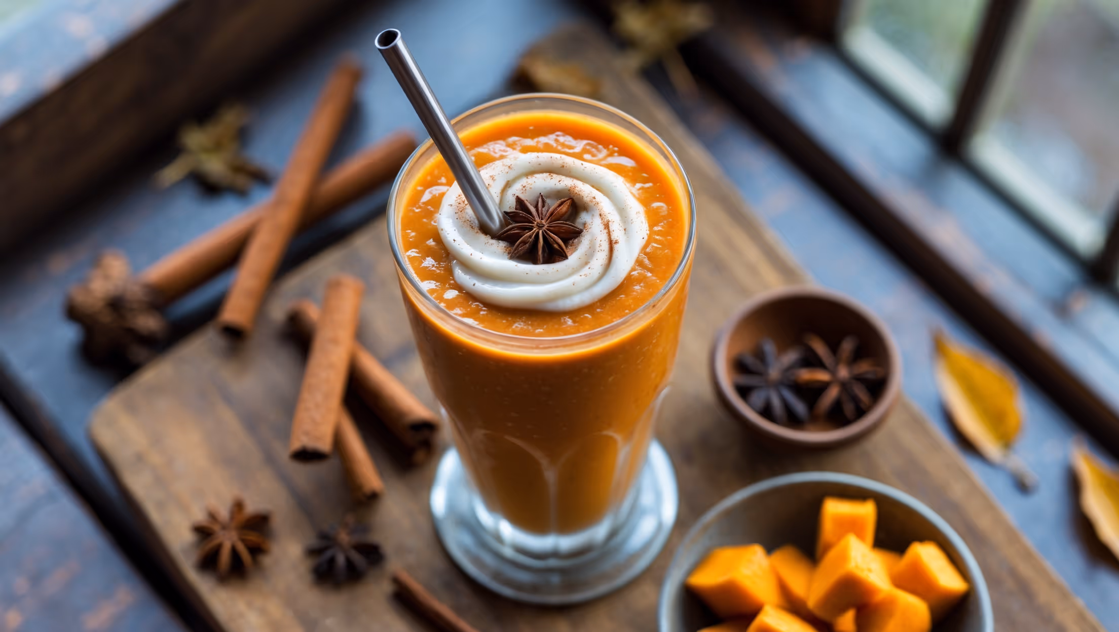 An overhead shot of a tall, frosted glass filled with a vibrant orange-speckled smoothie, topped with a swirl of coconut cream and a sprinkle of cinnamon. A metal straw emerges from the rich, velvety drink, catching the soft natural light streaming through a nearby window. The smoothie sits on a rustic wooden board surrounded by scattered whole spices—cinnamon sticks, star anise, and cloves—alongside a small bowl of raw pumpkin cubes and a few fallen autumn leaves for seasonal styling. The glossy surface of the smoothie reveals tiny flecks of spice, promising the comforting flavors of fall in liquid form.
