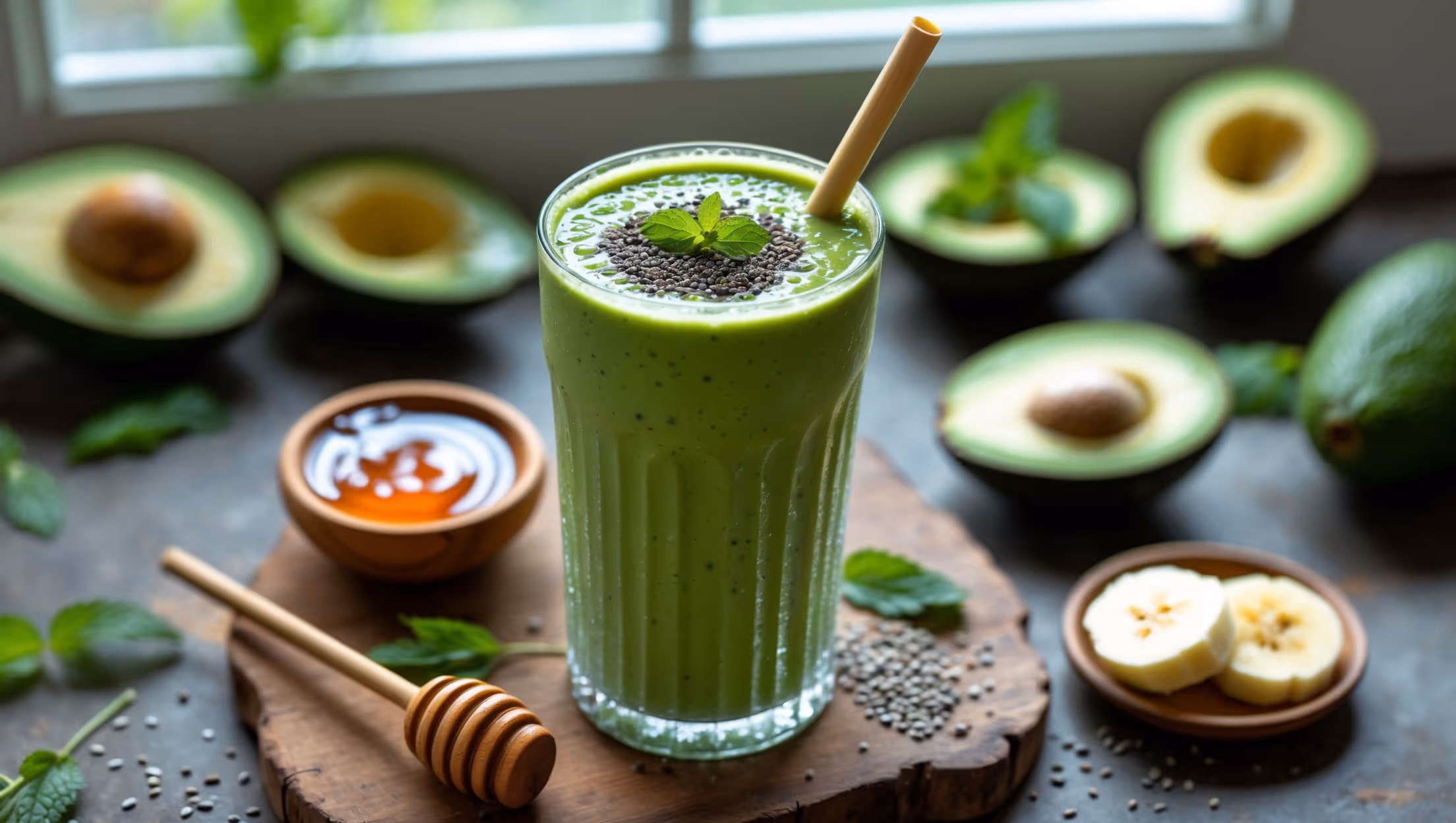 An overhead shot of a vibrant green avocado smoothie served in a tall, frosted glass with a bamboo straw inserted at an angle. The smoothie's silky texture is evident as it catches soft morning light streaming through a kitchen window. The glass sits on a rustic wooden board surrounded by halved avocados, scattered mint leaves, and a small bowl of honey with a wooden dipper. A delicate sprinkle of chia seeds tops the smoothie, creating visual interest against the smooth green surface. Condensation beads on the glass, suggesting refreshing coolness, while a small plate of sliced banana and a tiny pitcher of milk complete the composition.