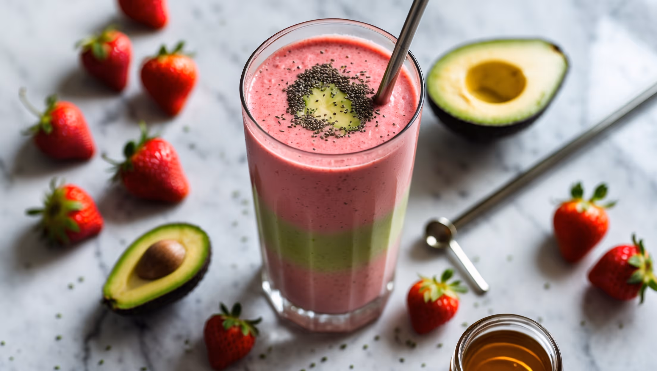 An overhead shot of a tall glass filled with a vibrant pink-green smoothie, showing a perfect gradient where the strawberry and avocado layers gently blend. The glass sits on a light marble countertop beside scattered fresh strawberries, half an avocado with the pit removed, and a small jar of honey. A metal straw tilts from the glass, and a light dusting of chia seeds decorates the smoothie's surface. Soft natural morning light streams in from the side, highlighting the smoothie's silky texture and the small droplets of condensation on the glass, suggesting refreshing coolness.