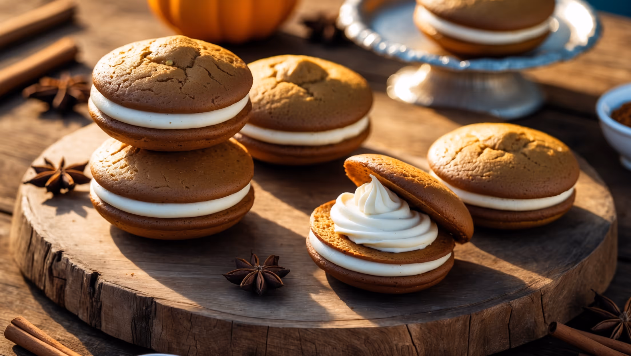 An overhead shot captures a rustic wooden board where five pumpkin whoopie pies are artfully arranged—some stacked, others displayed flat to showcase their plump, dome-shaped cookies. The rich orange-brown cookies contrast beautifully with the creamy white filling peeking from between the layers. Warm golden hour light casts gentle shadows, highlighting the cookies' slightly crackled tops and moist, cake-like texture. In the background, scattered cinnamon sticks, star anise, and a small bowl of ground spices provide context for the autumn spices within. A vintage cake stand holds additional whoopie pies, while one cookie is split apart showing the generous cream cheese filling stretching between the halves, emphasizing its luscious, smooth consistency.