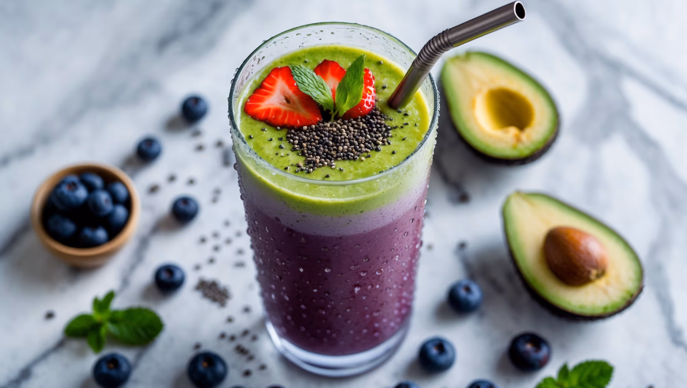 An overhead shot of a tall glass filled with a layered purple-to-green gradient smoothie, the rich berry tones transitioning to vibrant green at the top, captured in bright natural light. Small droplets of condensation cling to the glass's exterior, suggesting refreshing coldness. The smoothie is garnished with a sprinkle of chia seeds, sliced strawberries, and mint leaves. Surrounding the glass, ingredients are artfully scattered across a light marble surface - fresh blueberries, sliced bananas, a halved avocado, and a small jar of nut butter - creating visual context for the nutrient-dense beverage. A reusable metal straw tilts at an angle, inviting immediate enjoyment.