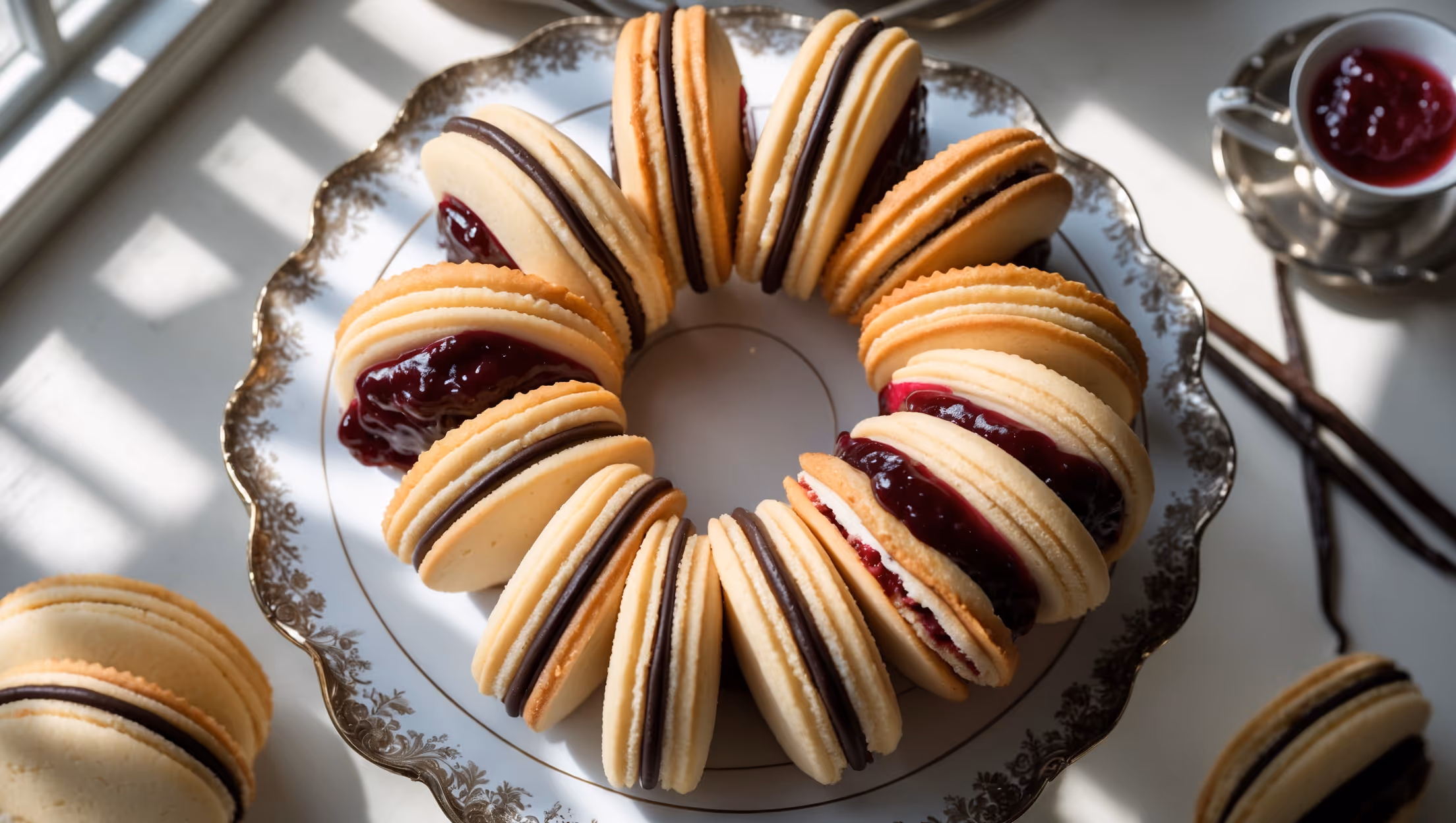 An overhead shot of perfectly formed Viennese sandwich cookies arranged in a spiral pattern on a vintage porcelain cake stand. The cookies display distinctive piped ridges with golden-brown edges contrasting against their pale centers. Several cookies are positioned to reveal the dark chocolate ganache filling peeking out between the layers, while others showcase bright raspberry jam. Shot in soft natural light streaming through a window, creating gentle shadows that highlight the cookies' delicate texture. In the background, a silver tea set and scattered vanilla beans add context and depth, while a single cookie with a bite taken out reveals the crisp yet tender crumb structure and the smooth, glossy filling.
