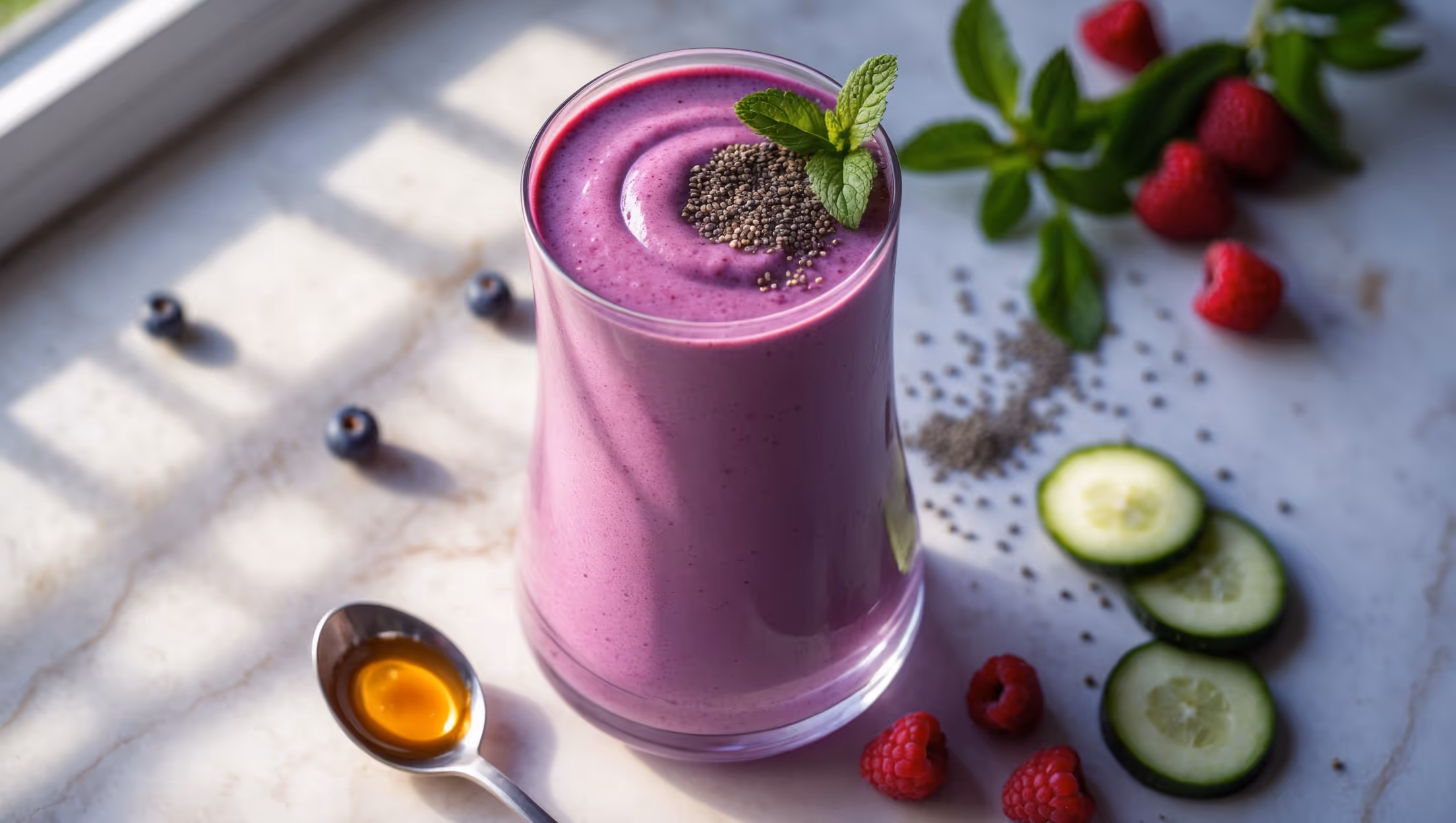 An overhead shot of a tall, flared glass filled with a vibrant purple-pink smoothie, its surface perfectly smooth with a slight swirl pattern. The glass sits on a light marble countertop, surrounded by scattered fresh berries, sliced cucumber, and a small pile of chia seeds. A silver spoon rests alongside, containing a drizzle of honey catching the soft natural morning light streaming through a nearby window. The smoothie shows a beautiful gradient effect from the layering process, with a garnish of fresh mint leaves and a delicate sprinkle of flaxseeds adding texture contrast against the silky surface.
