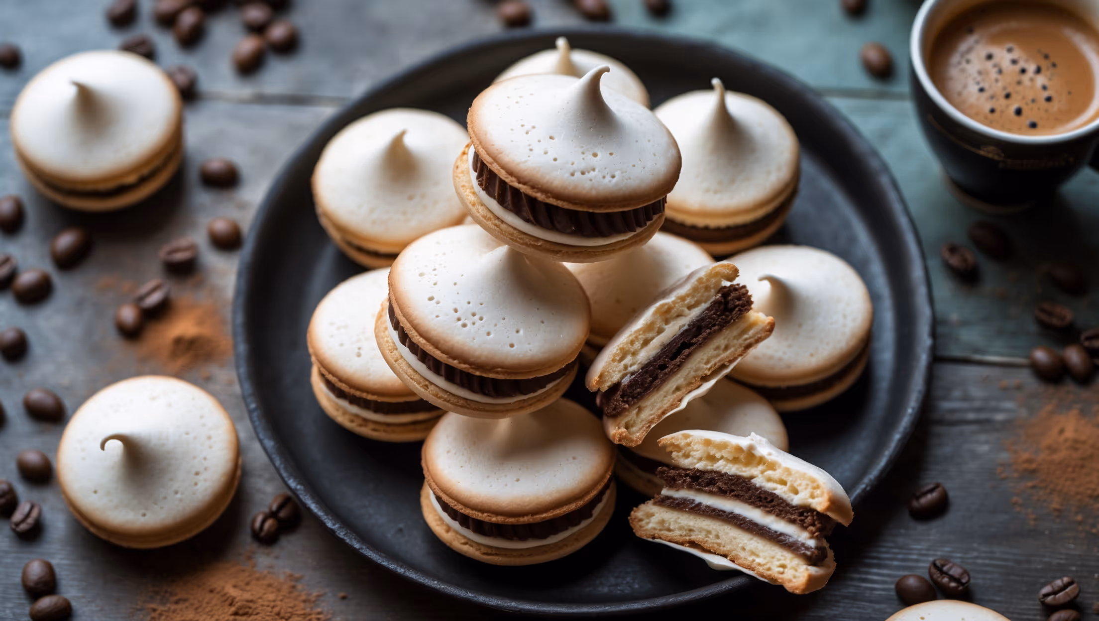 An overhead shot captures a pyramid of mocha meringue sandwich cookies arranged on a matte black ceramic plate, with soft natural light highlighting their perfect ivory-to-caramel gradient. A close-up reveals the delicate, crisp exterior of the meringues with tiny air pockets visible on their surface, while a cross-section showcases the generous swirl of espresso-flecked buttercream filling. Several cookies are artfully broken to expose their airy interiors contrasting with the smooth filling. In the background, scattered coffee beans, a dusting of cocoa powder, and a vintage espresso cup create context, while the scene is styled on a weathered wooden table that adds rustic warmth to these sophisticated treats.