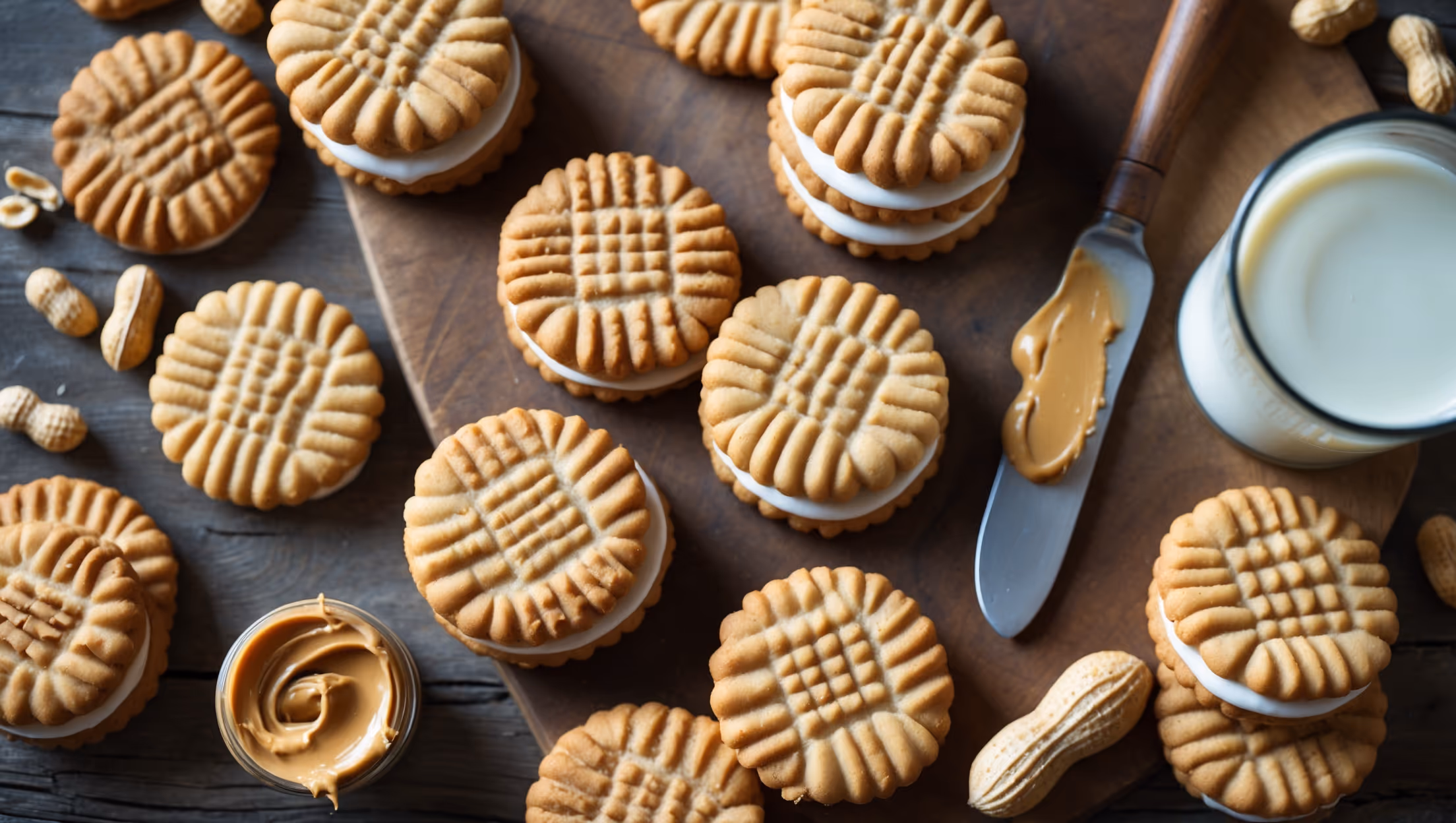 An overhead shot of golden-brown peanut-shaped sandwich cookies arranged in a scattered pattern on a rustic wooden board, with some stacked to showcase the creamy peanut butter filling peeking out between the cookie halves. Soft natural light highlights the textured crosshatch pattern on the cookie surfaces, while a small jar of creamy peanut butter and scattered whole peanuts add context to the scene. A knife with a smear of peanut butter rests alongside the cookies, and a glass of milk sits partially in frame, suggesting the perfect pairing for these nostalgic treats.
