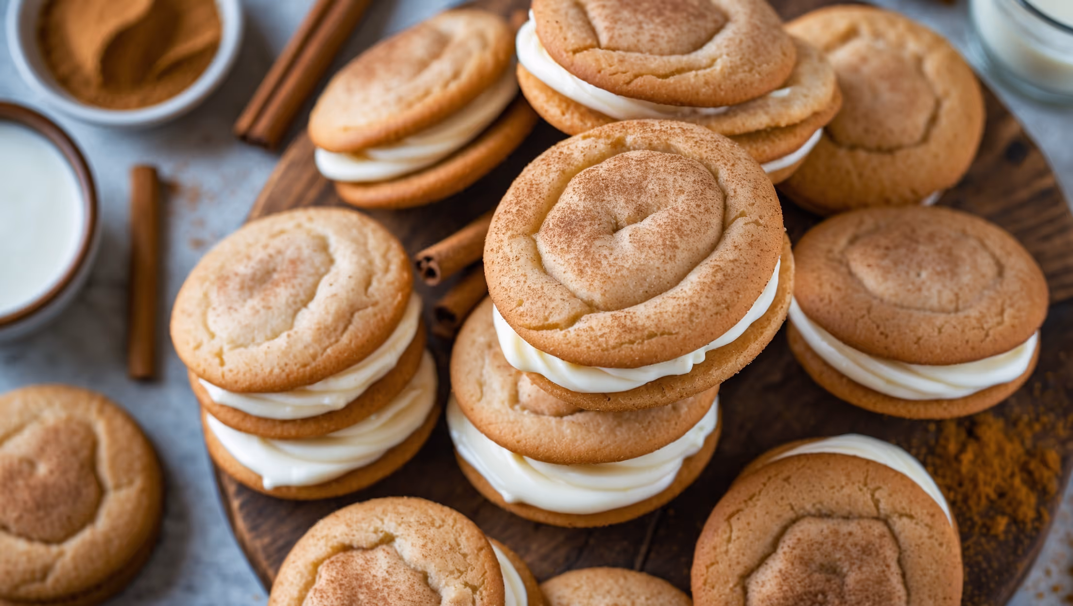 An overhead shot of perfectly round Snickerdoodle Sandwich Cookies arranged in a spiral pattern on a rustic wooden board, with some cookies stacked and others split open to reveal the creamy filling. The soft natural light highlights the sparkly cinnamon-sugar coating and the characteristic crackly tops of the cookies. In the background, a small bowl of cinnamon-sugar mixture and cinnamon sticks are artfully scattered, while a glass of milk sits slightly out of focus. The filling appears smooth and velvety between the warm golden-brown cookies, with tiny specks of vanilla bean visible in the cream. A dusting of additional cinnamon powder creates an appealing color contrast against the wooden surface.