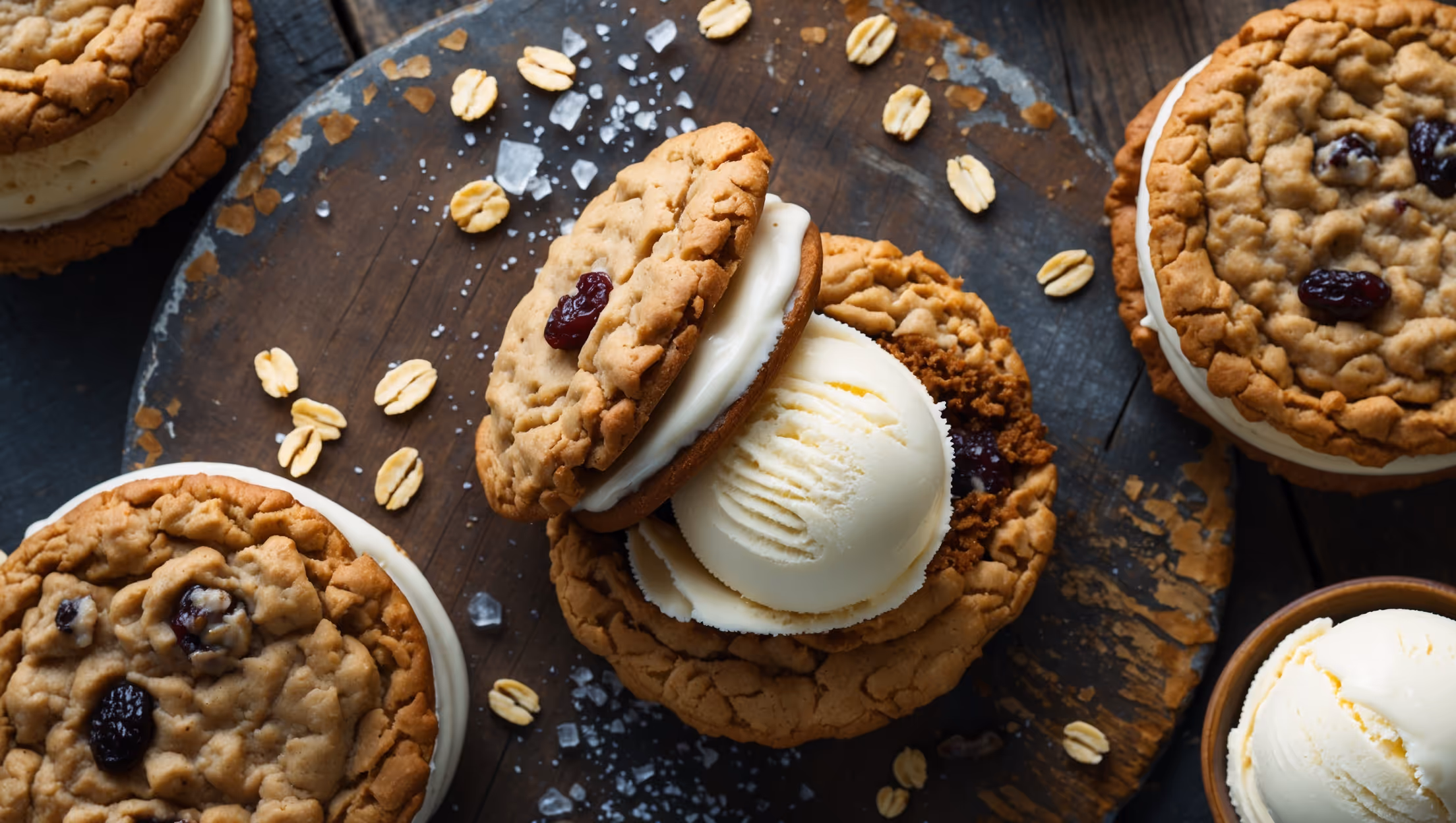 An overhead shot of three oatmeal cookie ice cream sandwiches arranged on a weathered wooden board, with one sandwich cut in half to reveal the perfectly smooth vanilla ice cream center contrasting with the textured cookie exterior. Golden hour light casts a warm glow on the cookies' crisp edges and chewy centers, highlighting flecks of cinnamon and plump raisins. A light dusting of sea salt crystals sparkles atop the sandwiches, while scattered oats and a small scoop of vanilla ice cream decorate the rustic backdrop, suggesting homemade comfort with gourmet attention to detail.