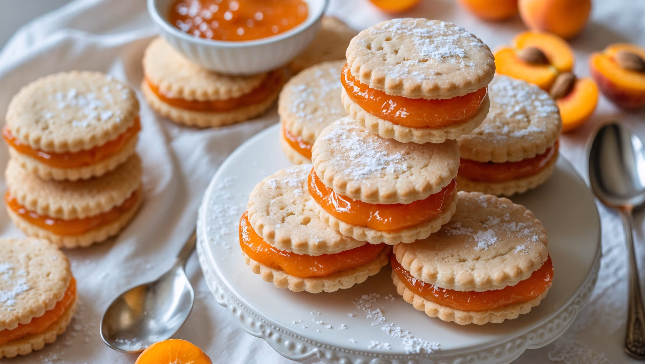 An overhead shot of stacked Apricot-Filled Sandwich Cookies on a white ceramic cake stand, with several cookies artfully arranged nearby showing their golden-brown edges and vibrant orange apricot filling peeking from between the layers. The soft natural light highlights the sugar-dusted tops and slight crumbliness of the shortbread-like texture. A small bowl of apricot preserves sits alongside with a silver spoon, while fresh apricot halves provide a pop of color against the white linen tablecloth. A delicate pattern of powdered sugar creates an elegant contrast against the warm golden hue of the cookies.