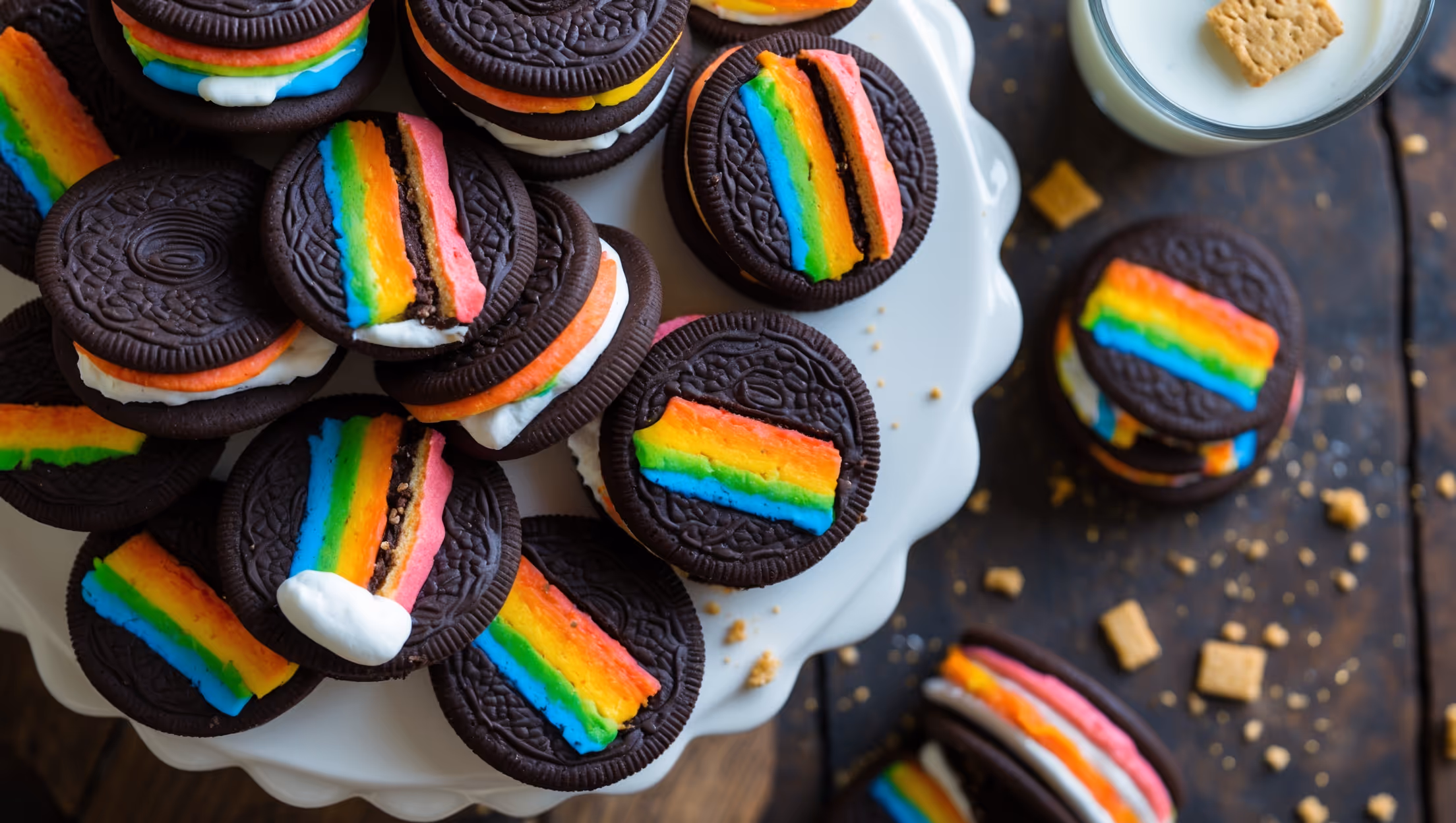 An overhead shot captures a spiraling arrangement of Rainbow S'moreo Sandwich Cookies on a white ceramic cake stand, with soft natural light highlighting the vibrant rainbow marshmallow filling peeking from between the dark chocolate cookies. A close-up reveals the perfect cross-section – layers of chocolate cookie, multicolored marshmallow fluff, and the textural graham cracker crumbs embedded in the filling. Golden crumbs are scattered artfully across the rustic wooden table, while a glass of milk sits nearby, creating a nostalgic scene. The contrast between the dark cookies and the bright rainbow filling creates an eye-catching visual that showcases the whimsical campfire-inspired treat.