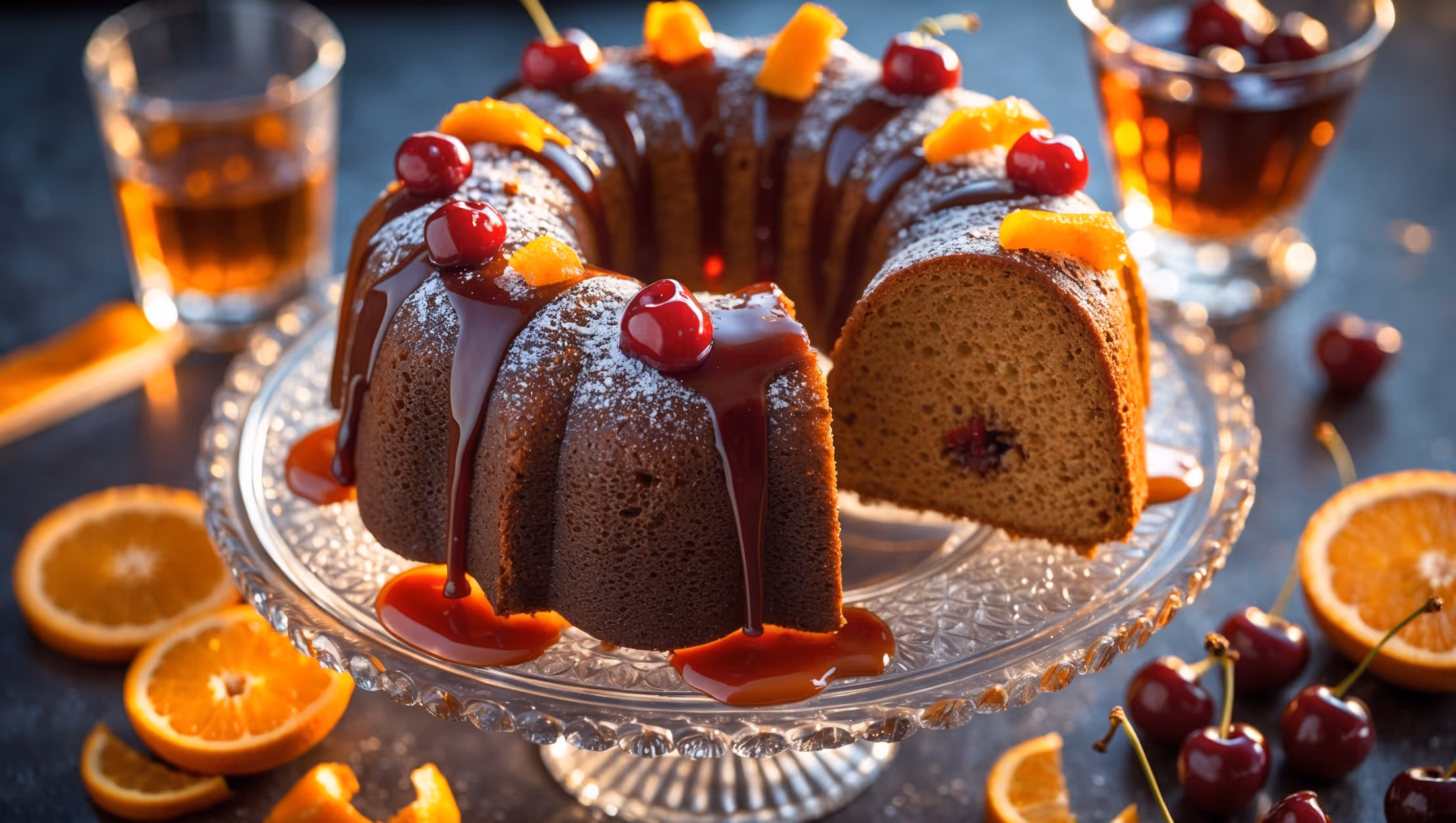 An overhead shot of a deep amber-colored bundt cake with a glossy bourbon glaze cascading down its ridged surface. A cross-section reveals a moist, tight crumb flecked with orange zest and candied cherries. The cake sits on a vintage crystal cake stand, surrounded by cocktail elements—a tumbler with bourbon, orange peels, and cherries slightly out of focus in the background. Golden hour light casts warm shadows across the scene, highlighting the sheen of the glaze as it pools at the base. Candied orange slices and brandied cherries garnish the top, with a light dusting of powdered sugar creating a subtle contrast against the rich, caramelized crust.