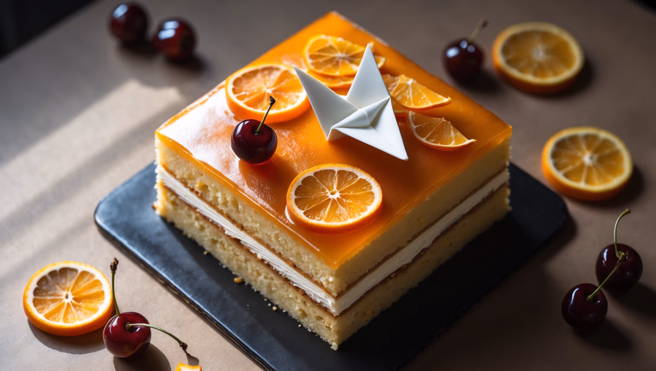 An overhead shot of this square cake showcases its amber-hued glaze that catches the light with a subtle shine. A cross-section reveals delicate orange-flecked sponge layers separated by whisper-thin bourbon buttercream. Styled on a matte black cake stand, the cake is garnished with candied orange slices and paper-thin dried lemon wheels arranged in a geometric pattern reminiscent of the origami plane that inspired the cocktail. The soft natural light highlights the contrast between the vibrant glaze and the artful paper plane cocktail garnish placed alongside, with several amaro-soaked cherries scattered nearby adding pops of deep red against the golden cake.