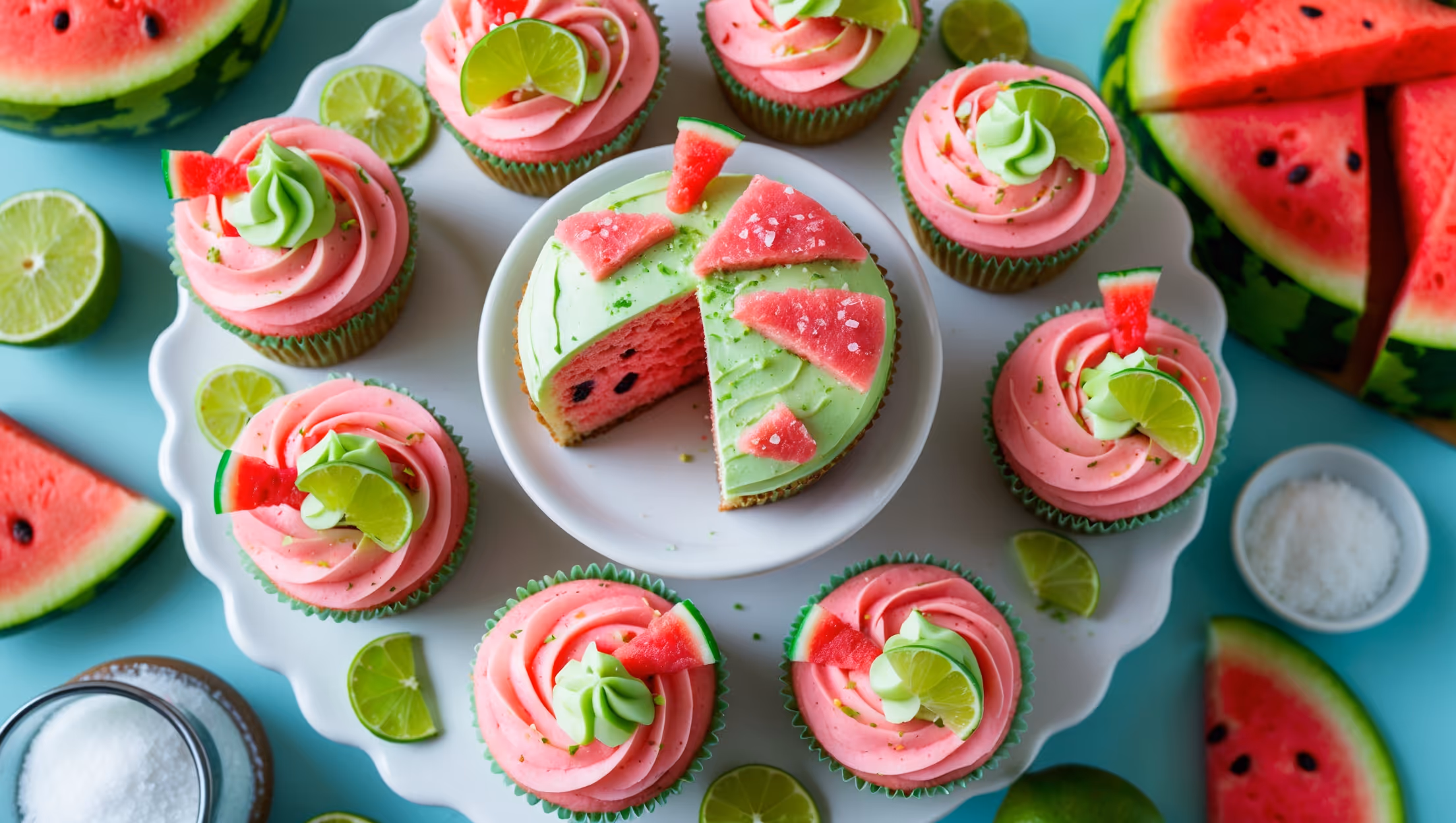 An overhead shot of vibrant pink watermelon cupcakes arranged on a white ceramic cake stand, with soft natural light illuminating their lime-green buttercream swirls. A cross-section reveals the moist, pink-tinted cake studded with mini chocolate chips resembling watermelon seeds. The frosting is garnished with tiny lime wedges, sprinkles of pink salt, and watermelon candy slices. Surrounding the display are fresh watermelon chunks, lime halves, a small bowl of sea salt, and a cocktail shaker, all arranged on a light blue table that evokes a summer pool party atmosphere.