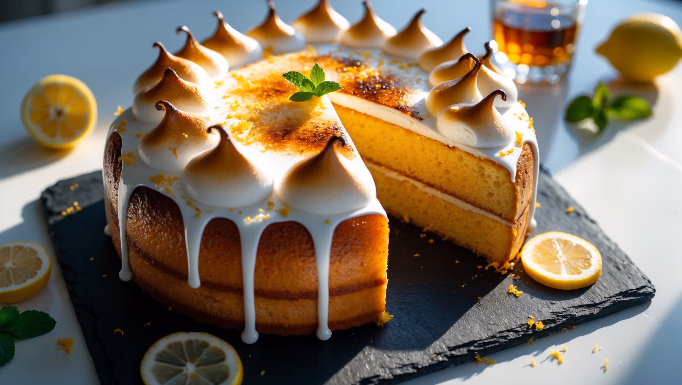 An elegant overhead shot of a golden, dome-shaped cake with a toasted meringue top that resembles the frothy finish of a cocktail. Natural light streams across the scene, highlighting the glossy, brûléed peaks of the meringue against the amber-hued cake beneath. A cross-section reveals a moist, fine crumb infused with whiskey, while lemon zest flecks provide visual interest. The cake sits on a sophisticated black slate board, garnished with thin lemon wheels and a sprig of mint. A small glass of whiskey and fresh lemons rest in soft focus in the background, creating an inviting cocktail-hour ambiance.