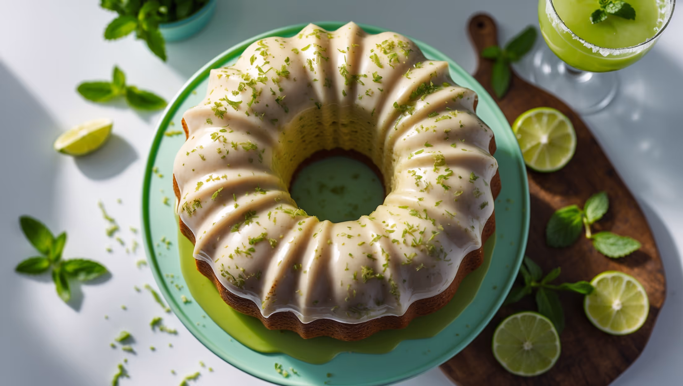An overhead shot of a glazed bundt cake with a cross-section revealing specks of lime zest and mint throughout the moist crumb. The cake sits on a mint-green cake stand under soft natural light, with fresh mint sprigs and lime wedges artfully arranged alongside. A light rum glaze drips tantalizingly down the sides, catching the light with its glossy finish. In the background, a mojito cocktail in a tall glass provides a thoughtful reference to the cake's inspiration. The styling includes scattered mint leaves, lime zest, and a rustic wooden board that enhances the cake's vibrant green and white color palette.