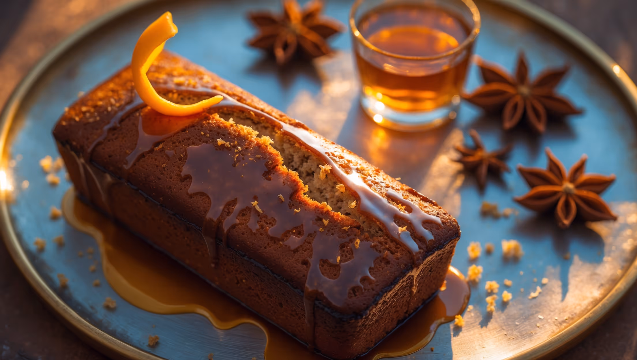 An overhead shot of a rustic glazed loaf cake with a deep amber hue, its surface glistening under warm directional light. A cross-section reveals a moist, dense crumb speckled with subtle flecks of orange zest. The cake sits on a vintage brass serving plate alongside a small glass of rye whiskey and scattered star anise. A fine mist of absinthe essence appears to hover over the surface, caught in the golden hour light streaming through a window. The glaze drips artfully down the sides, pooling slightly on the plate, while a twisted orange peel and crystallized sugar rim one edge of the cake, mimicking the cocktail's traditional presentation.