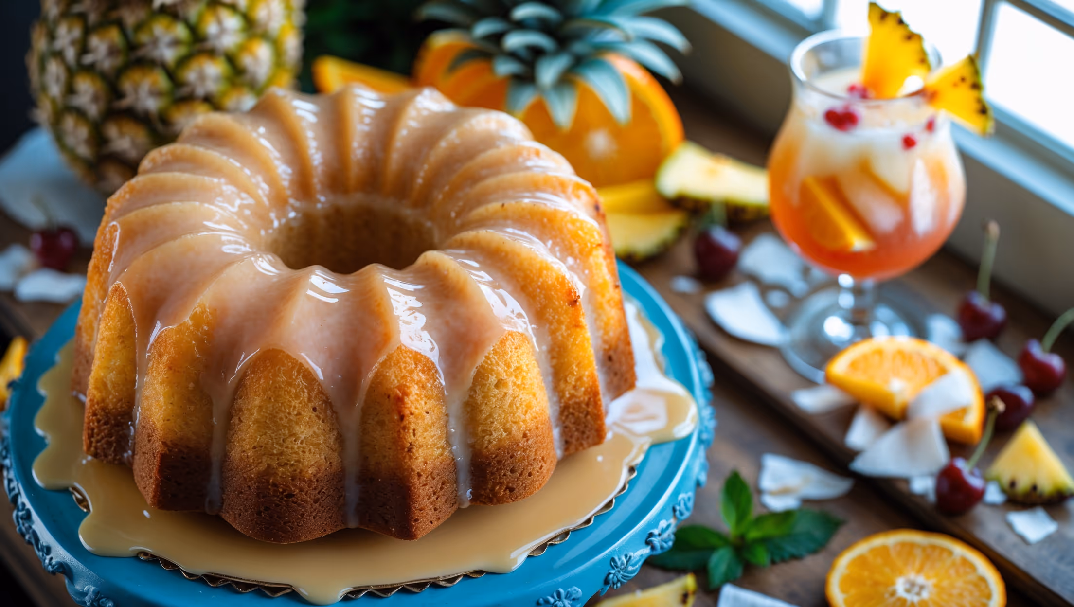An overhead shot of a glazed bundt cake with golden-brown exterior, showcasing a moist, rum-soaked crumb. The cake sits on a vintage blue cake stand against a backdrop of fresh tropical fruits - pineapple wedges, orange slices, and cherries. A light rum glaze drips tantalizingly down the ridges, glistening under soft window light. In the background, a pitcher of actual rum punch cocktail complements the scene, with ice cubes and fruit slices visible. The styling includes scattered cocktail umbrellas, fresh mint leaves, and a sprinkle of toasted coconut that highlights the cake's Caribbean inspiration.