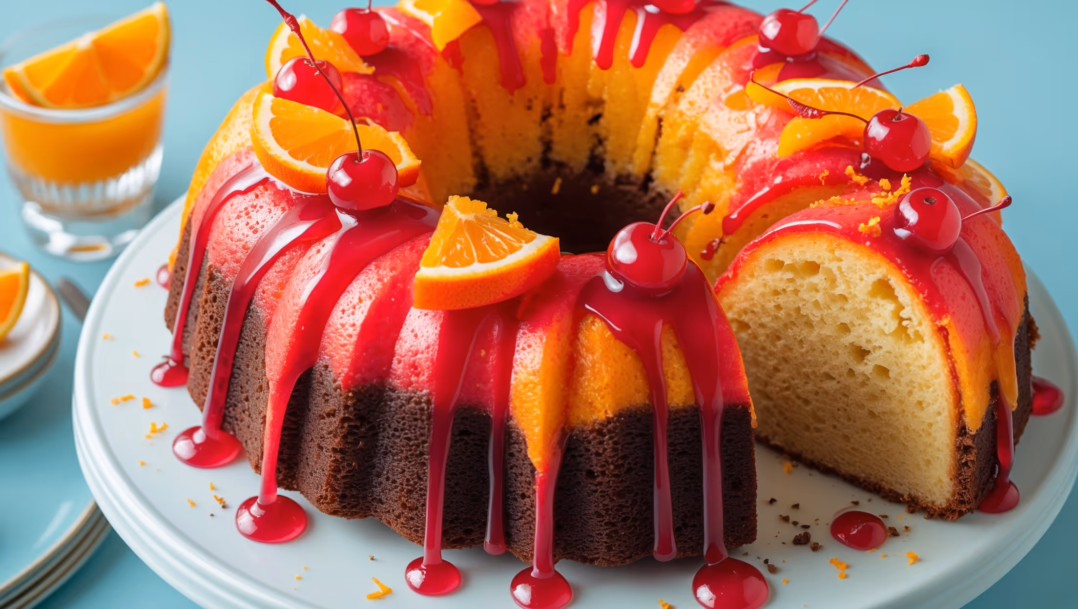 An overhead shot of a bundt cake with dramatic ombre coloring transitioning from deep red at the bottom to vibrant orange and sunny yellow at the top, mimicking a sunrise. The cake sits on a white ceramic cake stand against a light blue background, with soft natural light highlighting the glossy grenadine glaze that drips elegantly down the ridges. Garnished with candied orange slices and fresh maraschino cherries, the cross-section reveals a moist, tender crumb with subtle flecks of orange zest. A small glass of tequila and sliced oranges are artfully arranged nearby, reinforcing the cocktail inspiration.