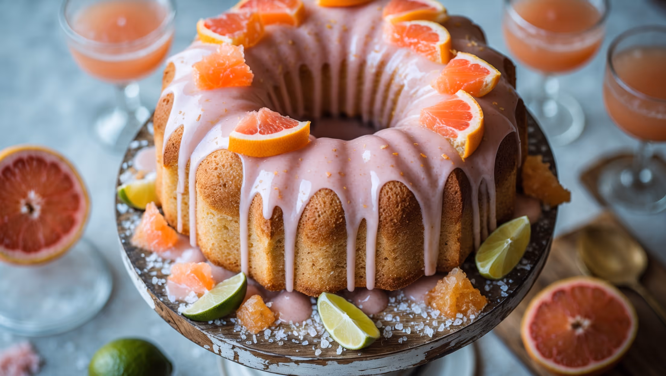 An overhead shot of a rustic bundt cake with a glistening pink grapefruit glaze cascading down its ridged sides, captured in bright natural light. A cross-section reveals the moist, pale pink crumb studded with flecks of grapefruit zest. The cake sits on a weathered wooden cake stand, garnished with candied grapefruit slices and lime wedges. Surrounding the base are scattered sea salt flakes that catch the light, while a cut grapefruit and vintage cocktail glasses filled with Paloma cocktails create context in the soft-focus background, emphasizing the dessert's cocktail inspiration.
