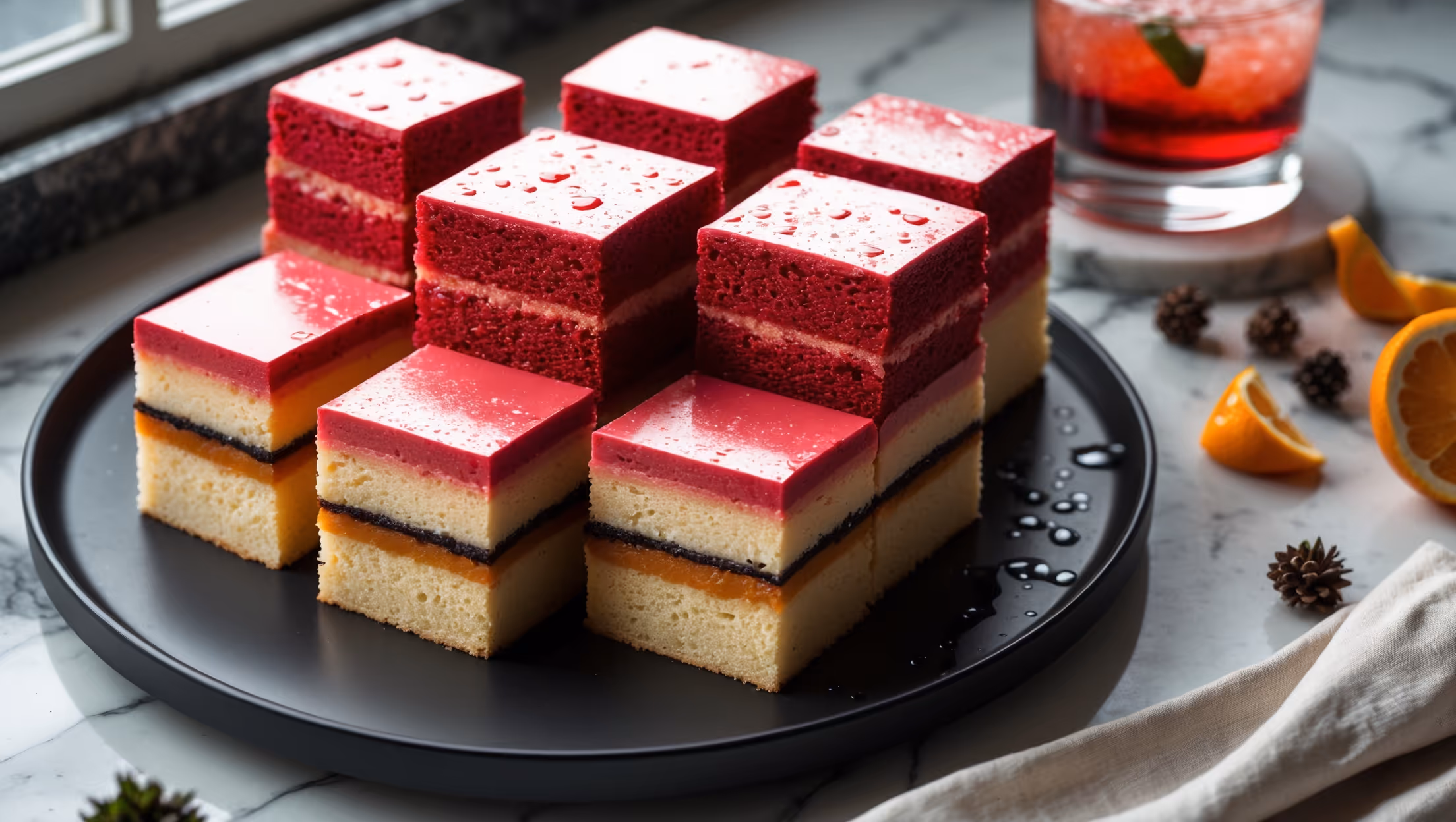 An overhead shot of ruby-red Negroni Sbagliato cake squares arranged on a matte black serving plate, their glistening tops catching soft window light. A cross-section reveals three distinct layers: a rich orange-infused base, vibrant red Campari-flavored center, and a lighter prosecco-infused top, all with a moist, tender crumb. In the background, a half-filled Negroni Sbagliato cocktail with condensation droplets sits alongside scattered orange peels and juniper berries. The scene is styled on a marble countertop with vintage cocktail tools and a linen napkin, creating an elegant, sophisticated atmosphere that balances the dessert's cocktail inspiration with its baked form.