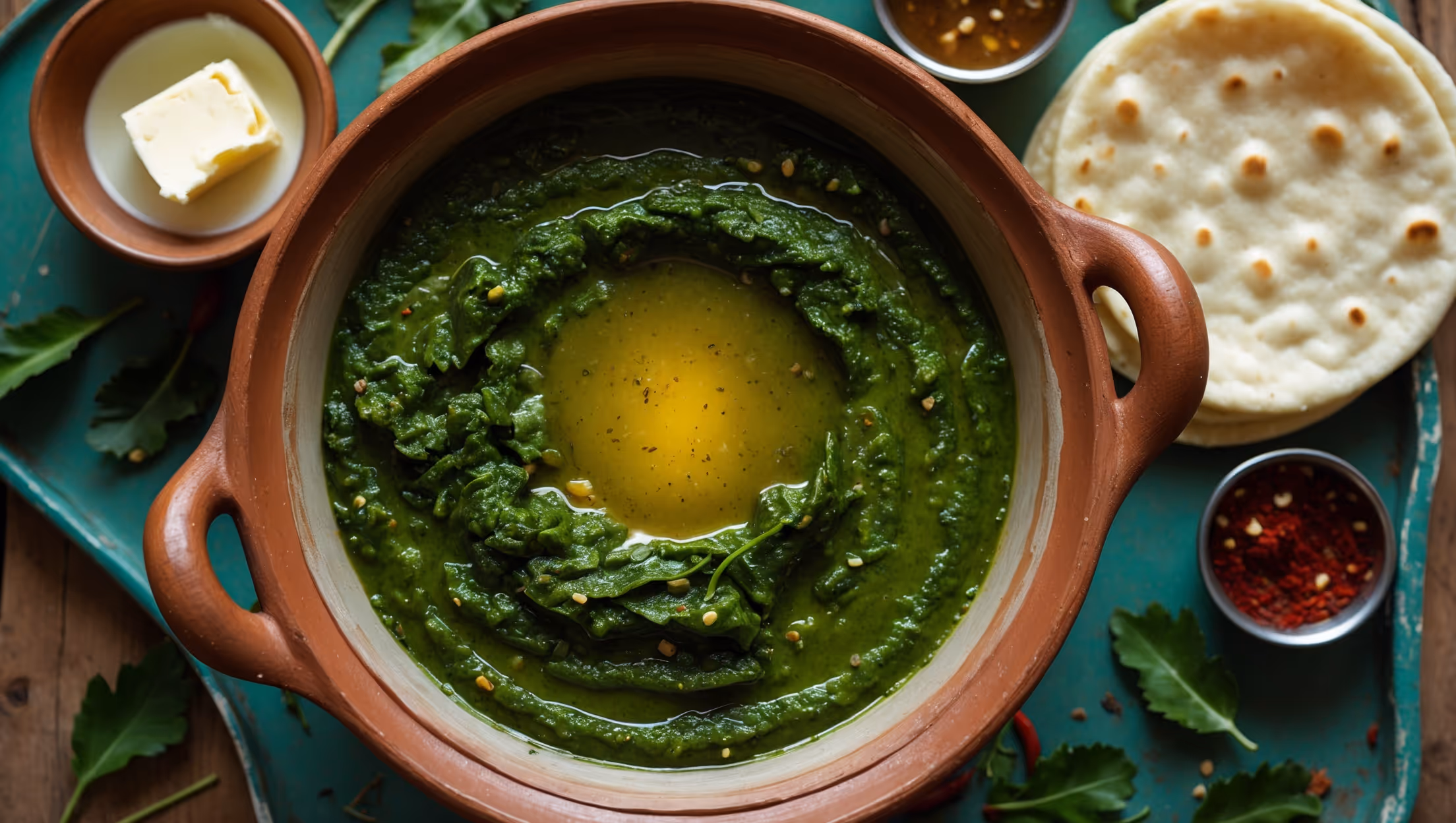 An overhead shot of a rustic clay pot filled with vibrant green Sarson Ka Saag, its surface glistening with a golden pool of ghee. A close-up reveals the silky, pureed texture of the mustard greens studded with specks of spices and minced garlic. The composition is bathed in warm natural light, with a piece of makki di roti (cornbread) partially visible at the edge, ready for dipping. Small bowls of white butter and jaggery sit alongside, while fresh mustard leaves and whole red chilies are scattered artfully around the setup on a weathered wooden table, highlighting the seasonal, rustic nature of this traditional Punjabi dish.