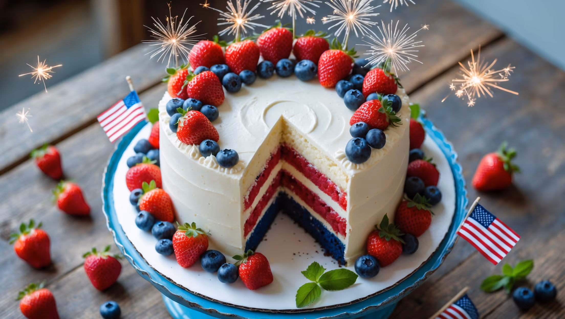 An overhead shot of a pristine white three-layer cake standing tall on a vintage blue cake stand against a rustic wooden table. Soft natural light streams in, highlighting the smooth cream cheese frosting covering the exterior. The cake is crowned with an artistic arrangement of fresh strawberries, blueberries, and raspberries in a circular pattern, creating the impression of fireworks. A slice has been removed, revealing the striking red, white, and blue layers within—vibrant strawberry-tinted cake on the bottom, classic vanilla in the middle, and blueberry-infused cake on top. Small American flags decorate the perimeter, while scattered berries and mint leaves add pops of color against the clean white frosting. Tiny sugar stars glisten across the top, catching the light like miniature sparklers.