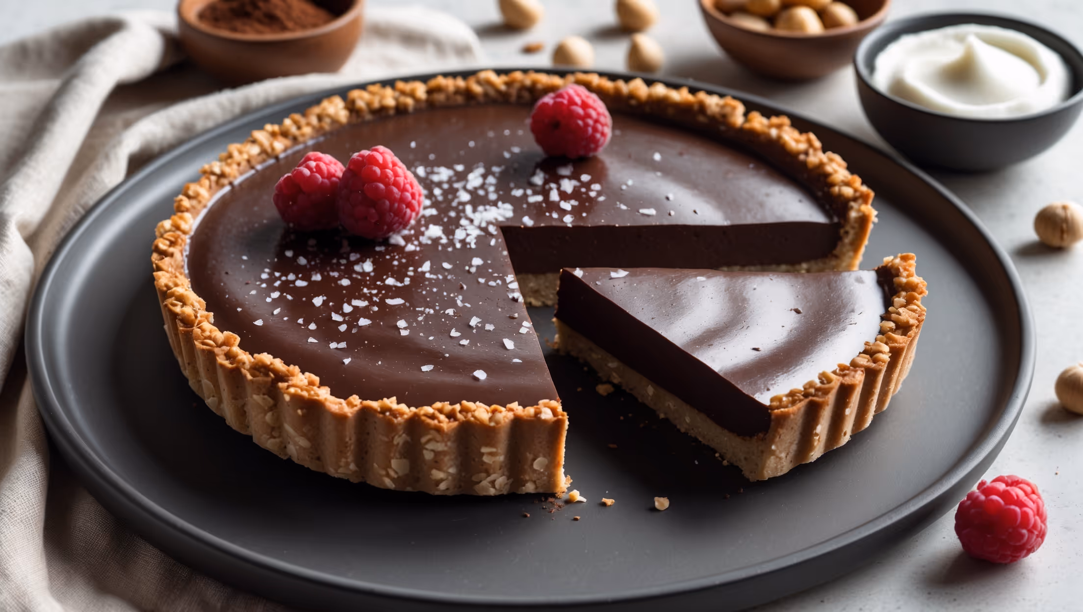 An overhead shot of a perfectly sliced vegan gluten-free chocolate tart on a matte black ceramic plate, revealing its glossy dark chocolate ganache filling and nutty, crumbly crust. Soft natural daylight streams across the scene, highlighting the tart's smooth, mirror-like surface adorned with a scattering of flaky sea salt crystals and fresh raspberries. In the background, a small bowl of cocoa powder, a jar of coconut cream, and scattered hazelnuts create context on a textured linen cloth. A cross-section shot shows the distinct layers – the firm but tender almond-oat base and the luscious, velvety chocolate filling that holds its shape while appearing irresistibly creamy.