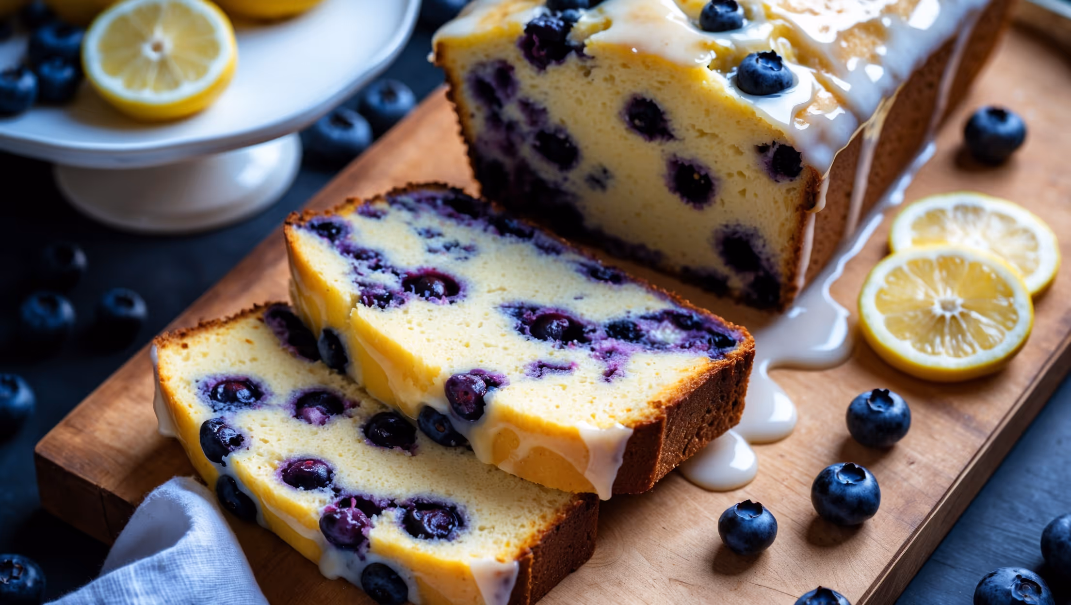 An overhead shot captures a rustic wooden board displaying thick slices of the lemon blueberry loaf, revealing a moist, light-colored crumb studded with plump blueberries that have maintained their shape during baking. A cross-section view shows the perfect distribution of berries throughout the loaf, while a glossy lemon glaze cascades down the sides, catching the soft natural daylight streaming through a nearby window. Scattered fresh blueberries and thinly sliced lemons surround the loaf, with a vintage cake stand in the background holding the remaining unsliced portion. The contrast between the golden-yellow crust, vibrant purple-blue berries, and bright white glaze creates an appealing color palette that highlights the loaf's fresh, spring-like qualities.