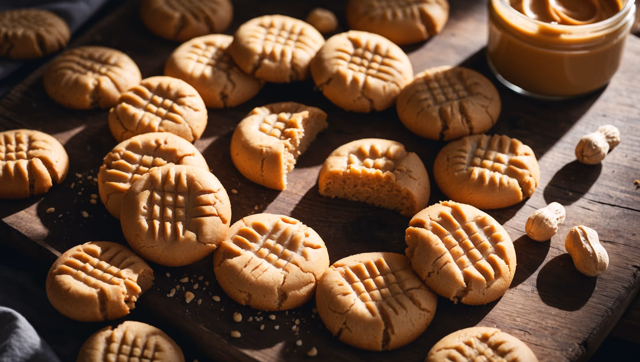 An overhead shot of golden-brown 3-ingredient peanut butter cookies arranged in a casual spiral pattern on a rustic wooden board, with a few cookies broken in half to reveal their crumbly interior texture. Soft natural lighting creates subtle shadows that highlight the characteristic fork marks pressed into each cookie's surface. In the background, a small jar of natural peanut butter sits with its lid partially off, while a few scattered whole peanuts add context and visual interest. The warm amber tones of the cookies contrast beautifully with the deep browns of the board, emphasizing their homemade, unpretentious appeal.