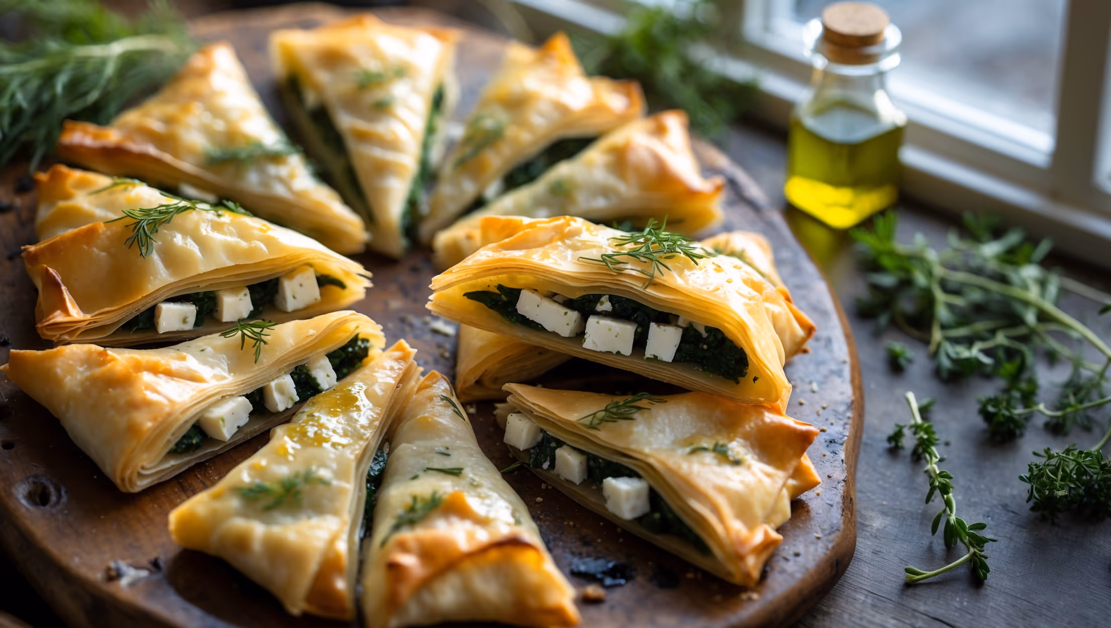An overhead shot captures triangular spanakopita pieces arranged in a spiral pattern on a weathered olive wood board, their golden-brown tops glistening with a light brush of herb oil. One piece is broken open in the foreground, revealing layers of crisp phyllo and the vibrant green spinach filling studded with chunks of aged feta. Sprigs of fresh dill, oregano, and thyme surround the pastries, with a small glass bottle of herb-infused oil positioned to the side. The scene is bathed in soft Mediterranean afternoon light filtering through a nearby window, casting gentle shadows that highlight the flaky texture of the pastry and the rustic ceramic serving plate beneath.