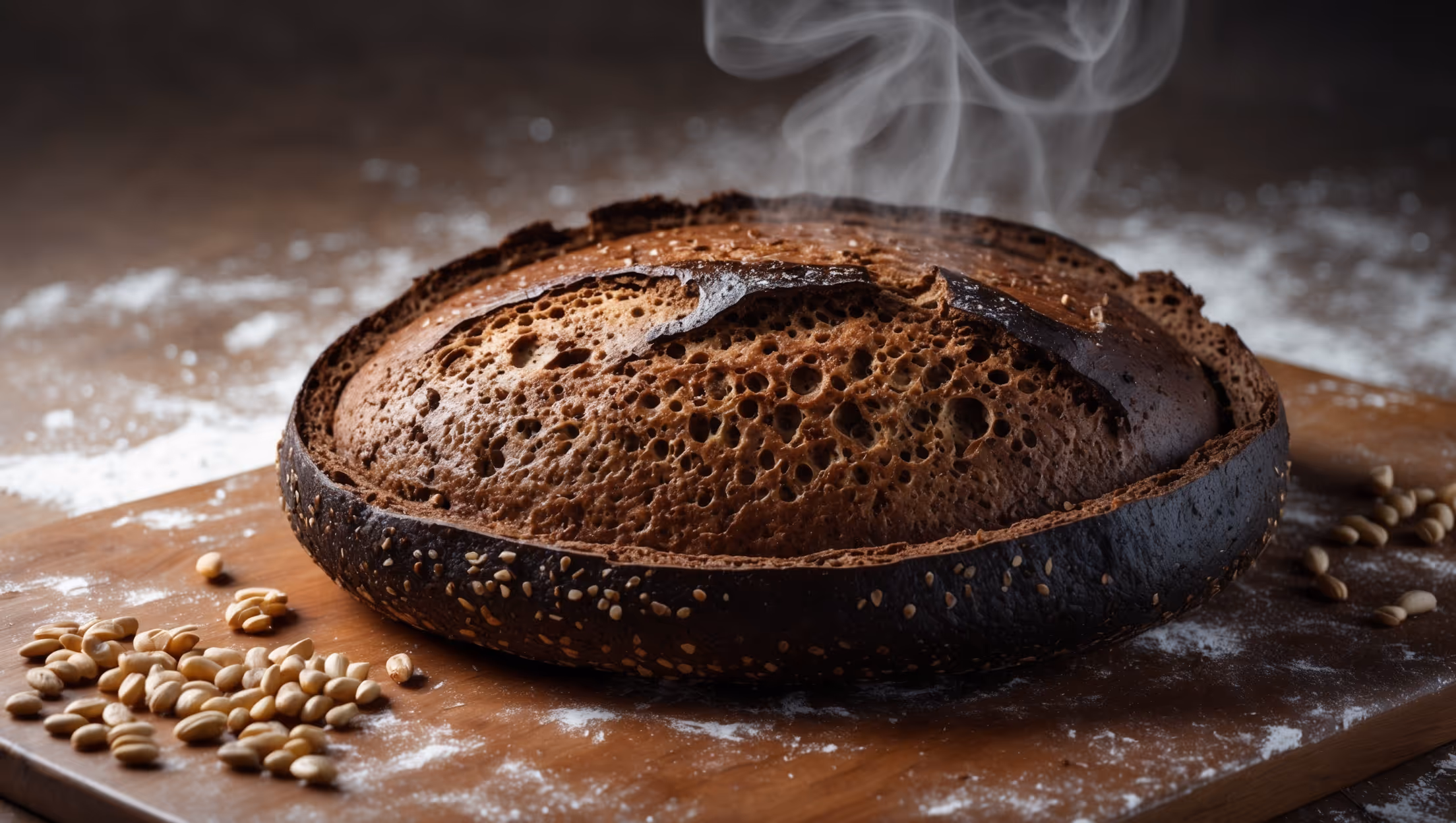 A dramatic cross-section of a rustic round loaf showcasing the dark, dense crumb studded with small air pockets against a deep chocolate-brown backdrop. Shot in soft morning light against a flour-dusted wooden board, with scattered malted barley grains and rye berries creating visual context. Steam gently rises from the freshly cut surface, highlighting the loaf's warm, just-baked quality. The contrast between the nearly black crust—shiny and blistered from proper fermentation—and the deep amber interior creates a visually striking composition that emphasizes the bread's artisanal character and long fermentation process.