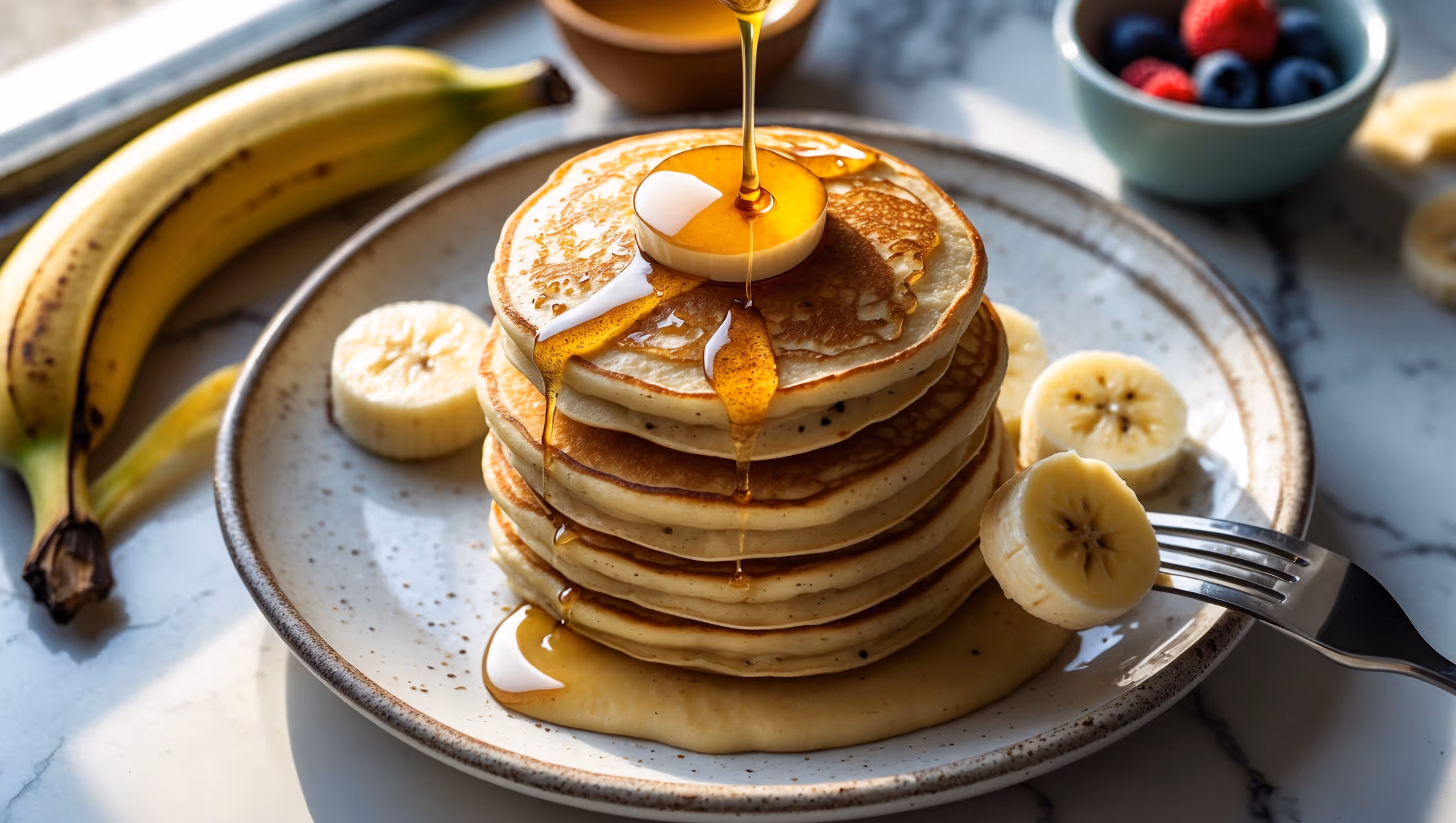 An overhead shot of golden-brown, delicately speckled banana pancakes stacked three high on a rustic white ceramic plate. A drizzle of honey cascades down the sides, catching the soft morning light streaming through a kitchen window. In the foreground, a halved ripe banana and a small bowl of fresh berries add vibrant color contrast. A fork rests beside the stack, having just cut into one pancake to reveal its moist, tender interior. The background features a marble countertop with subtle hints of the simple ingredients—a whisked egg in a small glass bowl and banana peels—telling the story of this minimal recipe.