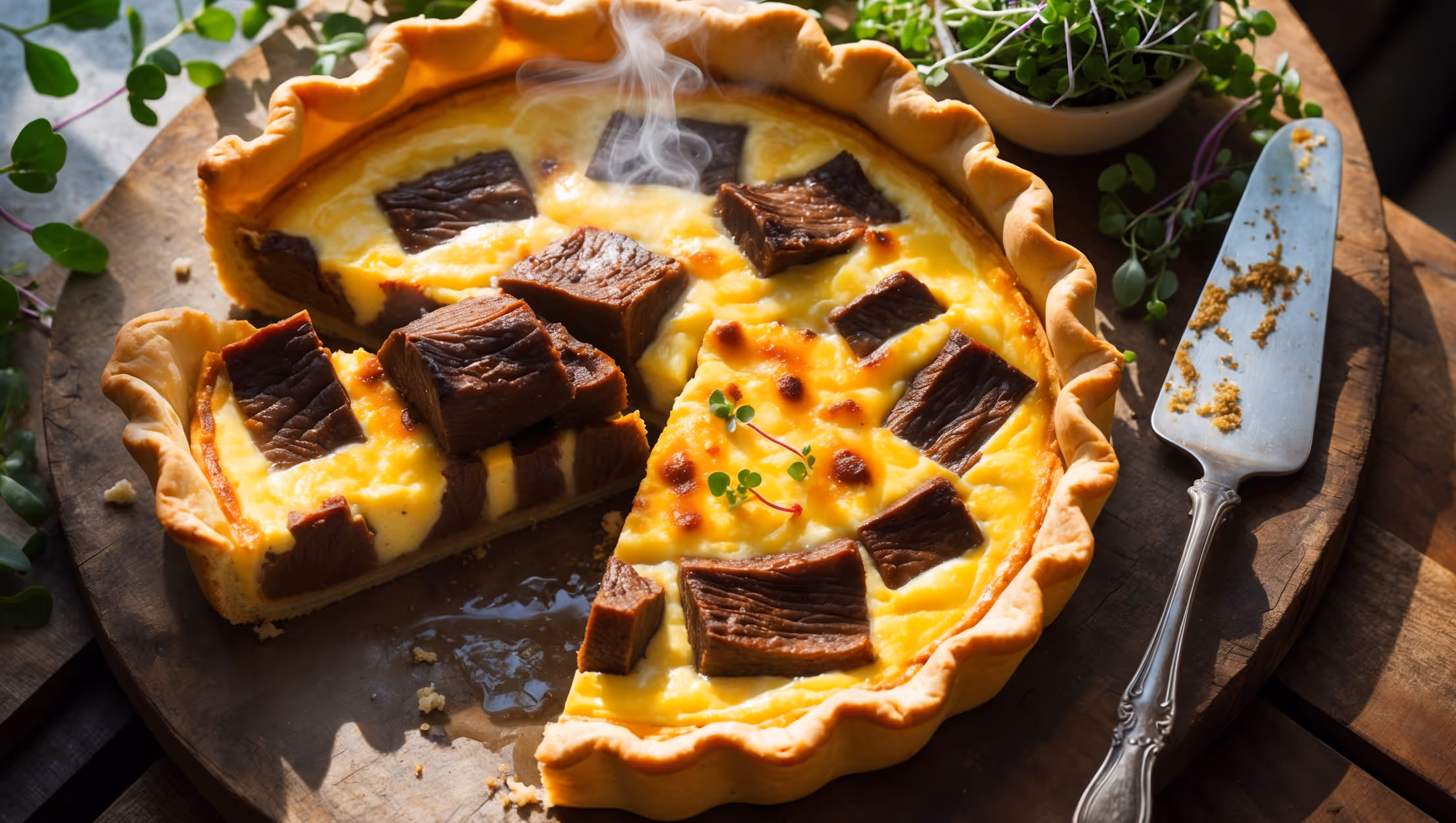 An overhead shot of the golden-brown quiche with a slice removed, revealing the sumptuous layers of tender braised short rib chunks and melted aged Gruyère within the custard filling. Natural window light casts gentle shadows across the flaky, perfectly bronzed crust, which shows distinct buttery layers. The quiche sits on a rustic wooden board alongside fresh herbs and a small bowl of microgreens. Steam gently rises from the warm slice, highlighting the silky texture of the egg custard, while the caramelized edges of the meat provide rich color contrast against the pale yellow filling. A vintage silver serving knife rests nearby, its tip showing traces of the decadent filling.