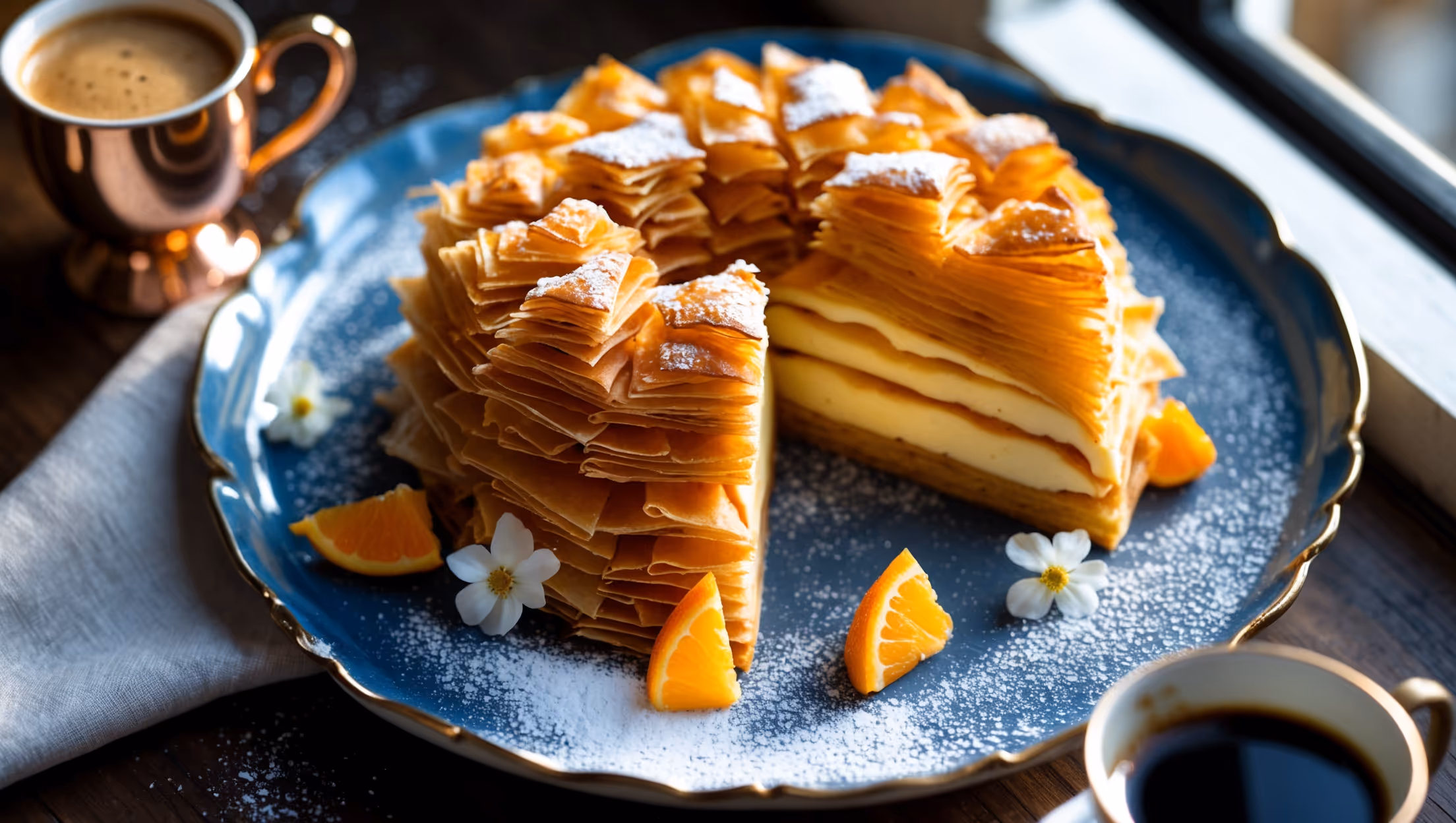 An overhead shot captures a perfectly portioned 100-Layer Filo Napoleon on a vintage blue porcelain plate, highlighting the dramatic height created by dozens of visibly distinct, golden-brown pastry layers. Natural window light accentuates the flaky texture and buttery sheen of the pastry, while casting subtle shadows that emphasize the dimensional quality. A cross-section view reveals the striking contrast between the amber-colored, shatteringly crisp filo layers and the pale yellow vanilla-citrus cream filling that oozes slightly at the edges. The plate is dusted with a light snow of powdered sugar, with fresh orange segments and edible flowers arranged alongside as garnish. A copper espresso cup filled with dark coffee sits slightly blurred in the background, suggesting the perfect pairing for this elegant pastry.