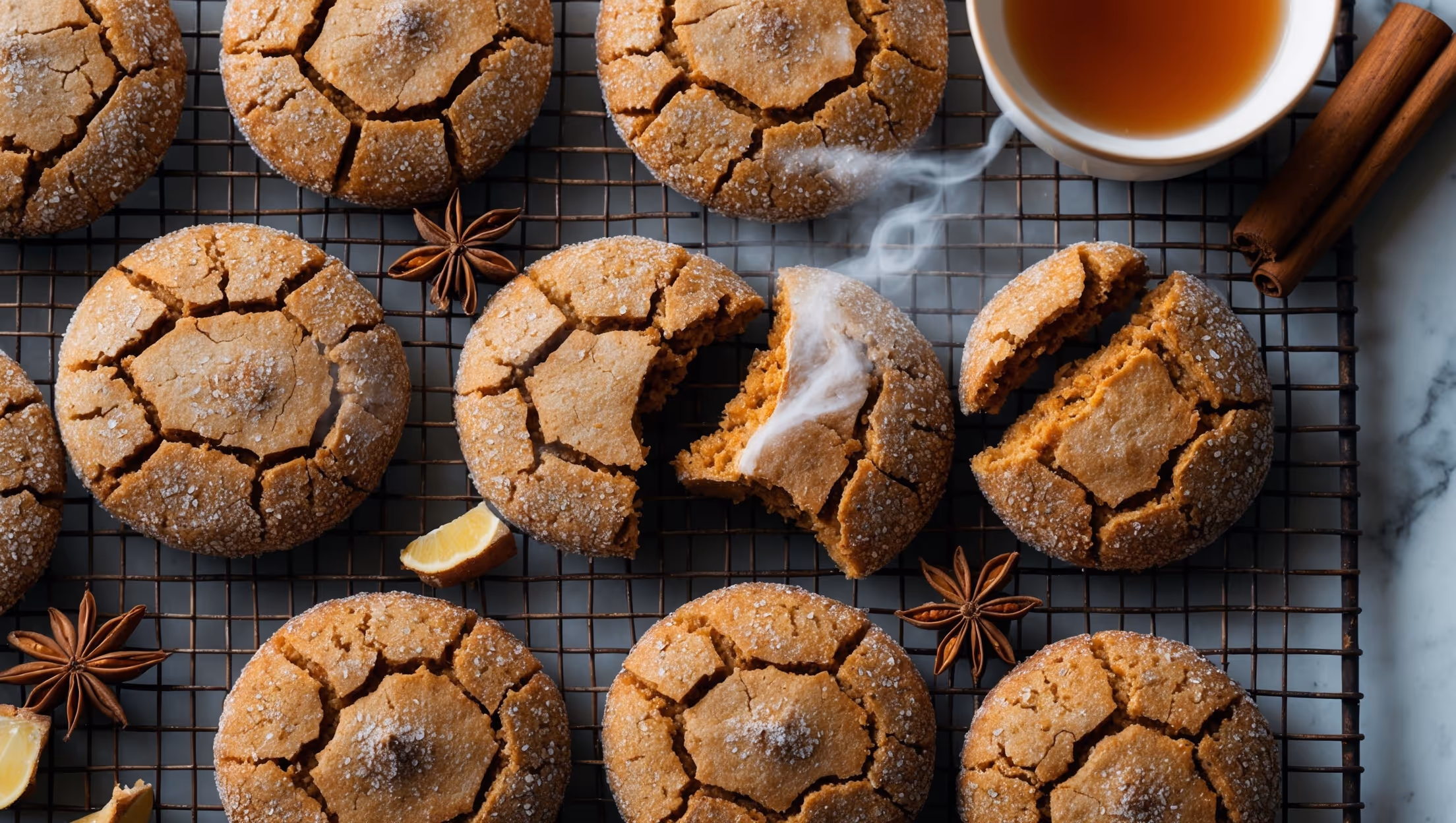 An overhead shot of rustic ginger cookies with crackled tops and sparkling sugar crystal crusts arranged on a vintage wire cooling rack. A cross-section view reveals the perfect contrast between the crisp exterior and soft, chewy interior with visible specks of crystallized ginger. Soft natural light streams across the scene, highlighting the cookies' rich amber tones and glistening sugar edges. Scattered pieces of crystallized ginger, cinnamon sticks, and whole star anise create an aromatic frame, while a half-eaten cookie shows off the ideal chewy texture. A delicate plume of steam rises from one freshly-baked cookie, suggesting they're just cool enough to enjoy with the cup of spiced tea positioned at the edge of the frame.