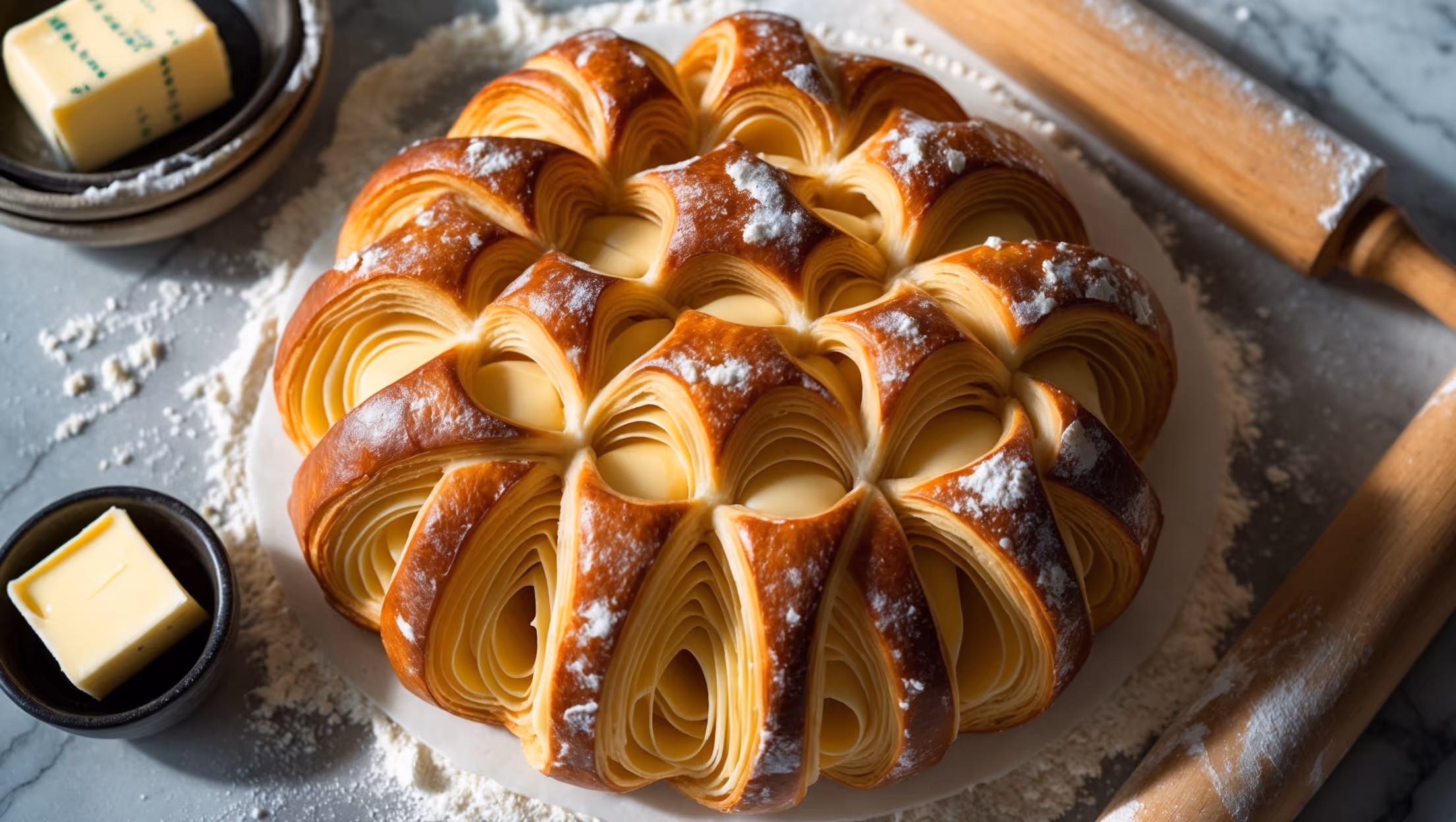 Overhead shot of a freshly baked Danish pastry with clearly visible 54 layers creating a mesmerizing honeycomb pattern. Soft natural light streams in from the side, highlighting the golden-brown, glossy exterior and the buttery, flaky interior layers. A cross-section reveals the perfect lamination - distinct sheets of pastry separated by paper-thin layers of cultured butter. The pastry sits on a flour-dusted marble surface alongside a small dish of cultured butter and a jar of active sourdough starter. A wooden rolling pin and dough scraper rest nearby, dusted with flour, emphasizing the craftsmanship behind this advanced baking technique.