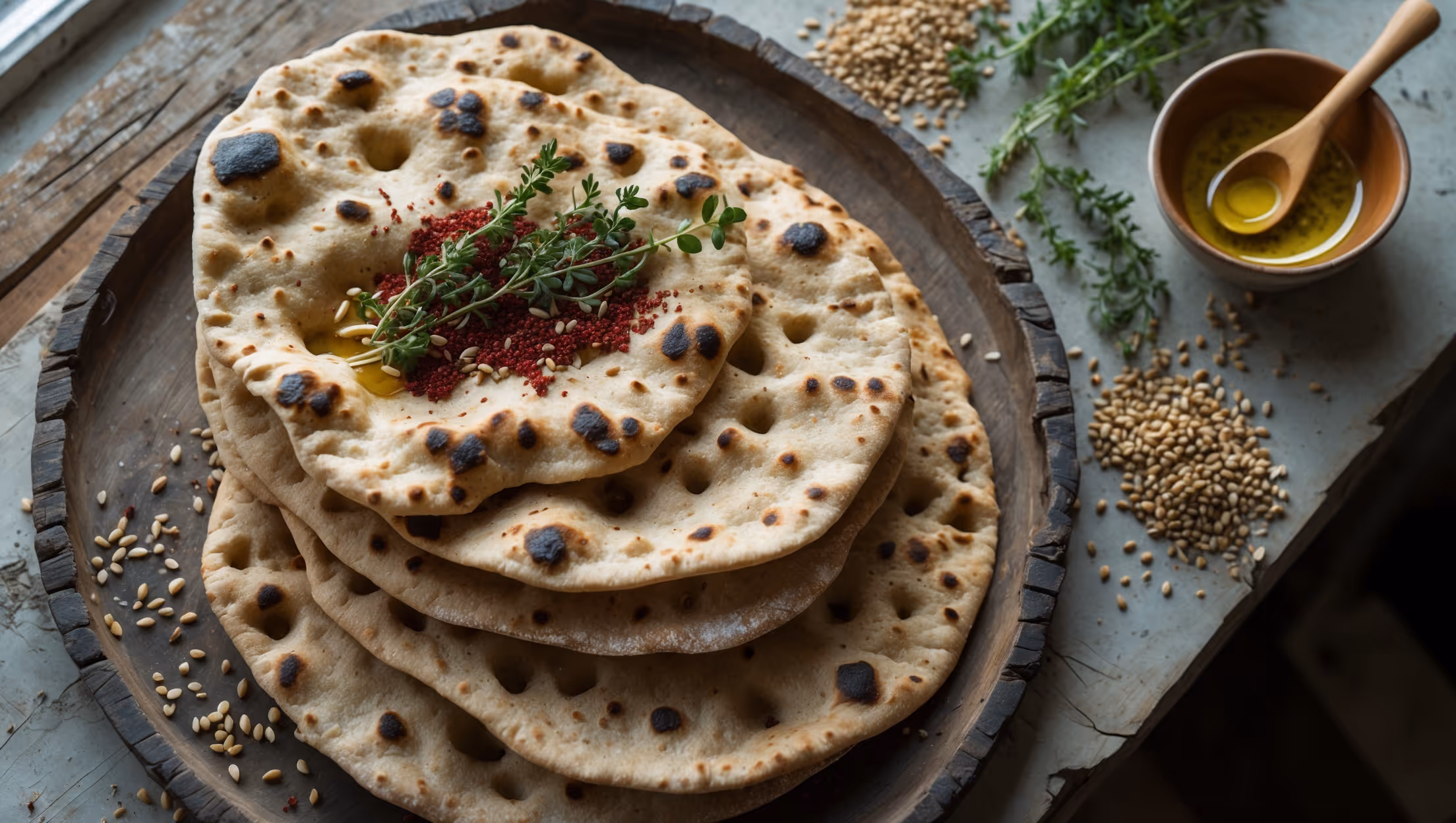 An overhead shot of rustic, irregularly shaped lavash flatbreads stacked in gentle layers on a weathered wooden board, with visible charred blisters and air pockets across their golden-brown surfaces. In soft natural window light, the za'atar oil glistens, highlighting the green thyme, sumac's deep red, and sesame seeds scattered atop the breads. A small ceramic bowl of extra za'atar oil sits nearby with a wooden spoon, while scattered whole grains and fresh herbs create a natural border around the composition, emphasizing the bread's artisanal, whole grain character and long fermentation.