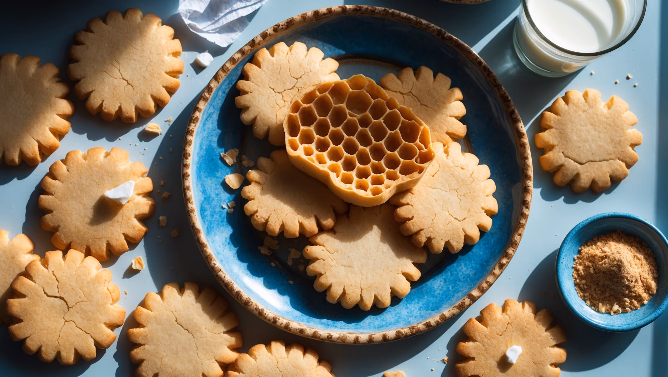 Overhead shot of perfectly golden cookies with crisp edges and slightly chewy centers arranged on a vintage blue ceramic plate. A cross-section view reveals the intricate honeycomb structure inside, while a close-up captures the delicate crackling on the surface. Natural window light casts gentle shadows, highlighting the cookies' caramelized edges and subtle variations in color from pale blonde to amber. A glass of milk sits nearby alongside a small bowl of malted milk powder, and a few scattered sea salt flakes glisten atop select cookies. The sophisticated texture contrast between the crisp exterior and tender interior is evident, with the distinctive rippled edges that developed during the extended fermentation process.