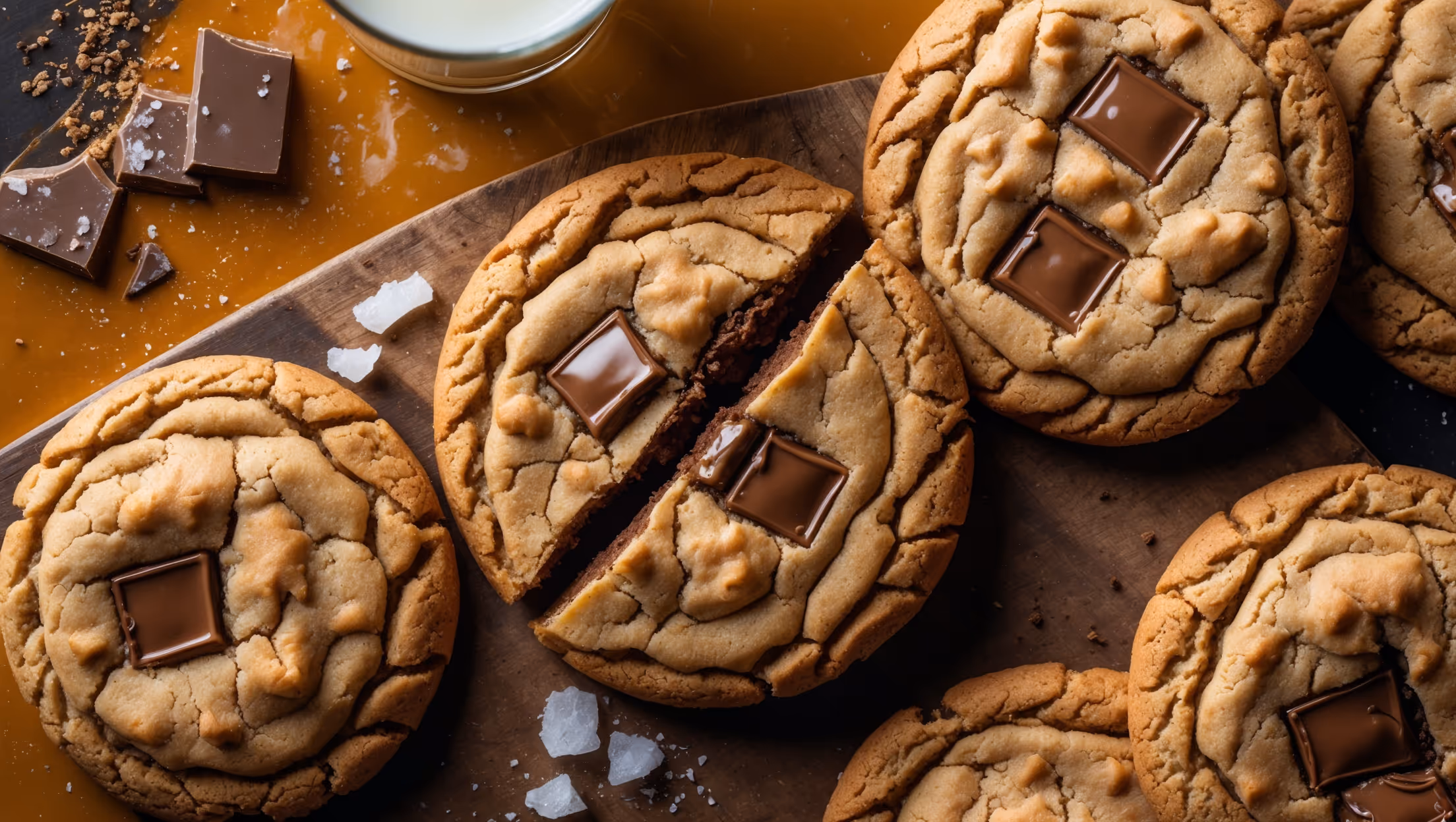 Overhead shot of perfectly golden-brown cookies with distinctive wrinkled tops revealing pools of melted chocolate chunks against a rugged amber background. A cross-section view highlights the contrasting textures—crisp edges giving way to soft, chewy centers marbled with chocolate. Shot in warm natural light against a rustic wooden board with scattered malted milk powder, flaky sea salt, and a vintage glass of milk slightly out of focus. The cookies have visible bakery-style ripples and a deep caramel hue that showcases the long fermentation process, with subtle variations in color indicating the complex flavor development from the 72-hour aging.