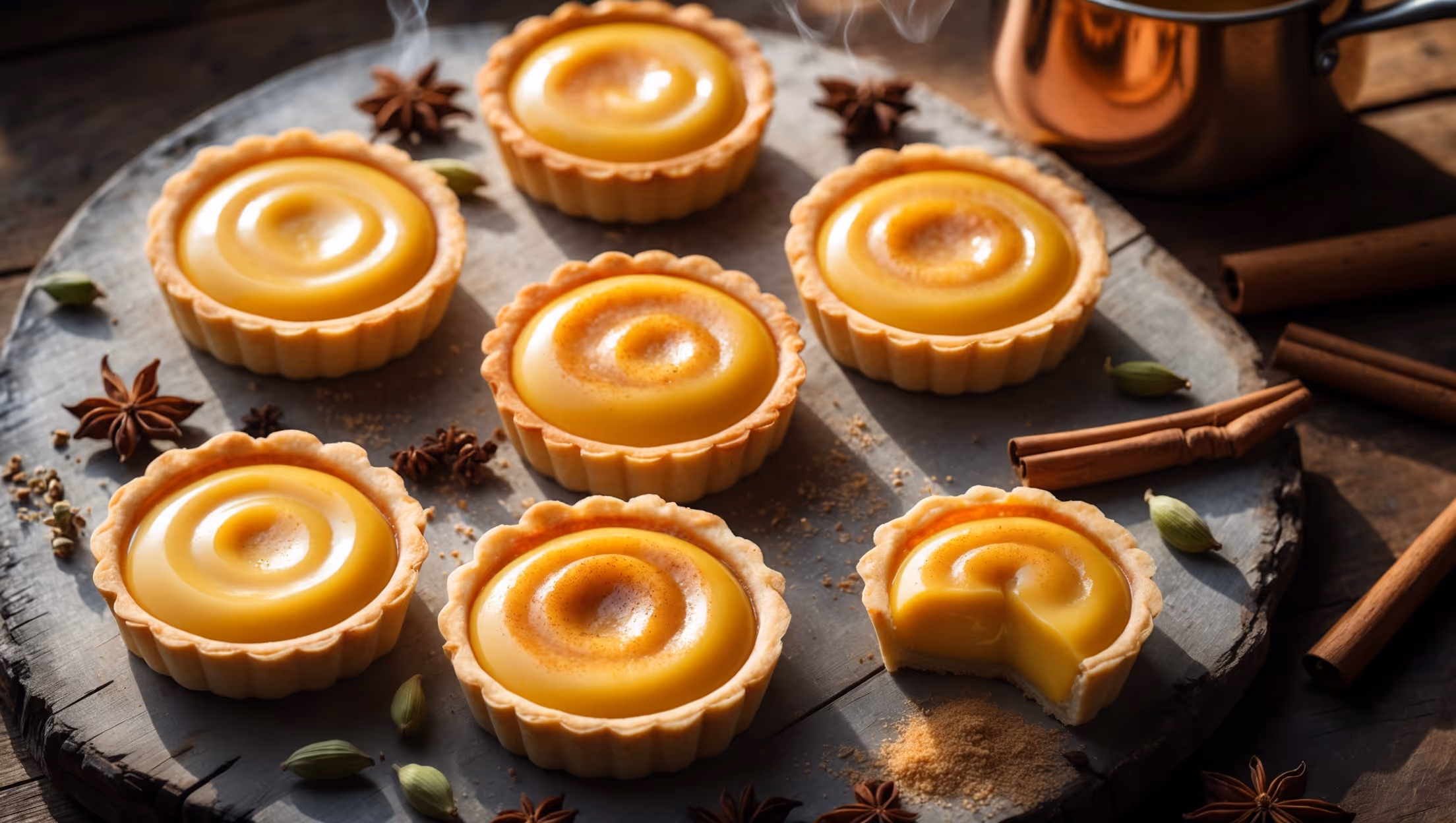 An overhead shot of six perfectly golden custard tarts arranged on a weathered wooden serving board, with one tart in the foreground cut open to reveal the silky, amber-hued spiced custard filling. The natural midday light creates subtle shadows that highlight the flaky, buttery layers of the pastry shells and the glossy surface of the custard. Scattered cinnamon sticks, star anise, and cardamom pods surround the tarts, while a light dusting of freshly grated nutmeg creates contrast against the custard's smooth surface. A vintage copper saucepan partially visible in the corner hints at the slow infusion process, with steam delicately rising to suggest freshly baked warmth.