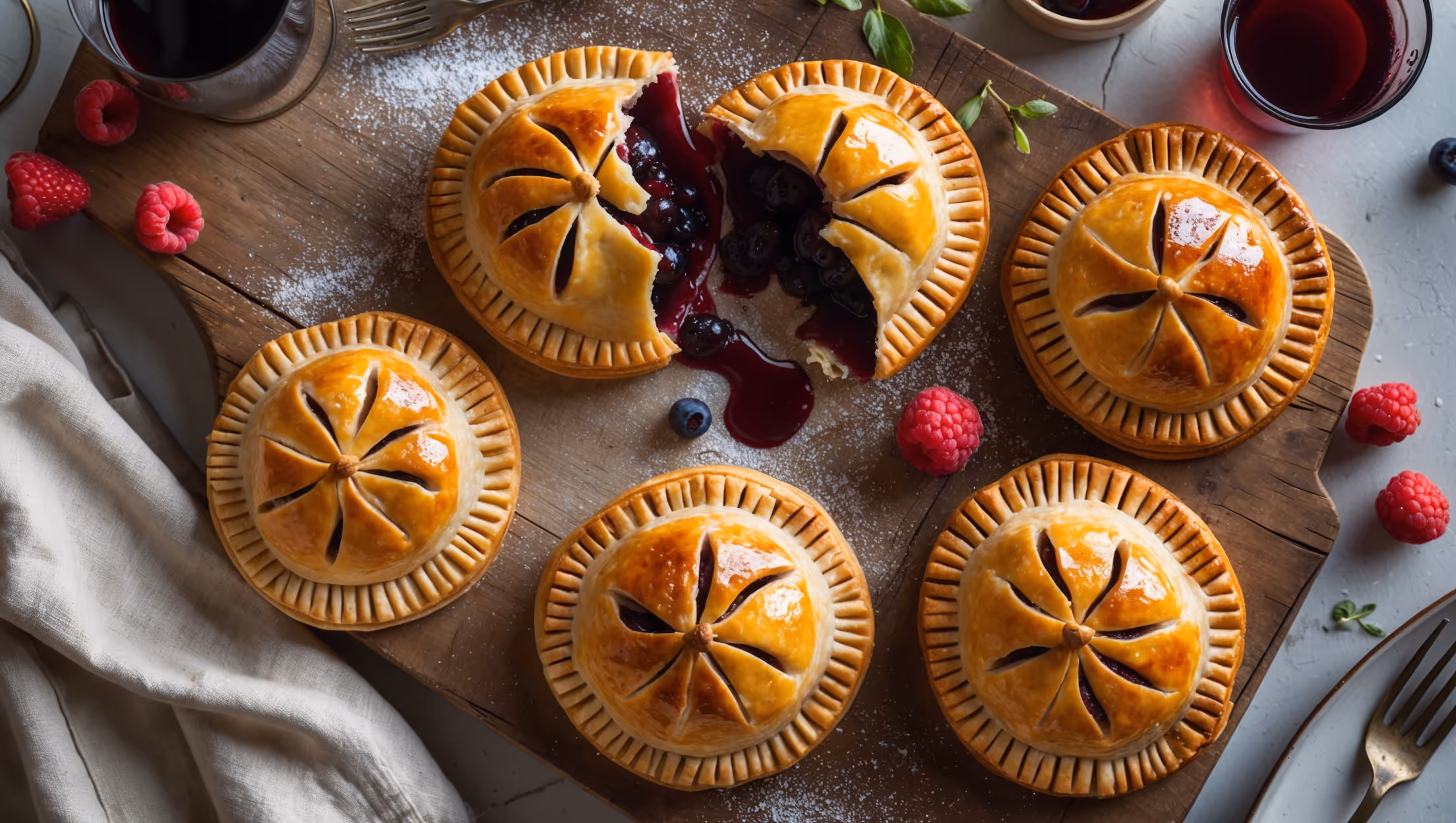 An overhead shot captures six golden-brown hand pies arranged on a rustic wooden serving board, their crimped edges perfectly sealed and glazed to a high shine. A cross-section view reveals the deep burgundy fruit filling oozing slightly from one cut pie, contrasting beautifully with the visible flaky pastry layers. Thinly sliced translucent fruit decorates the tops, caramelized to a stained-glass effect that showcases the meticulous lamination technique. The scene is bathed in soft afternoon light, with scattered fresh berries, a small glass of the reduced wine, and delicate powdered sugar dusting adding dimension. A vintage linen napkin and antique fork complete the elegant, artisanal presentation that highlights both the rustic charm and refined technique of these sophisticated pastries.