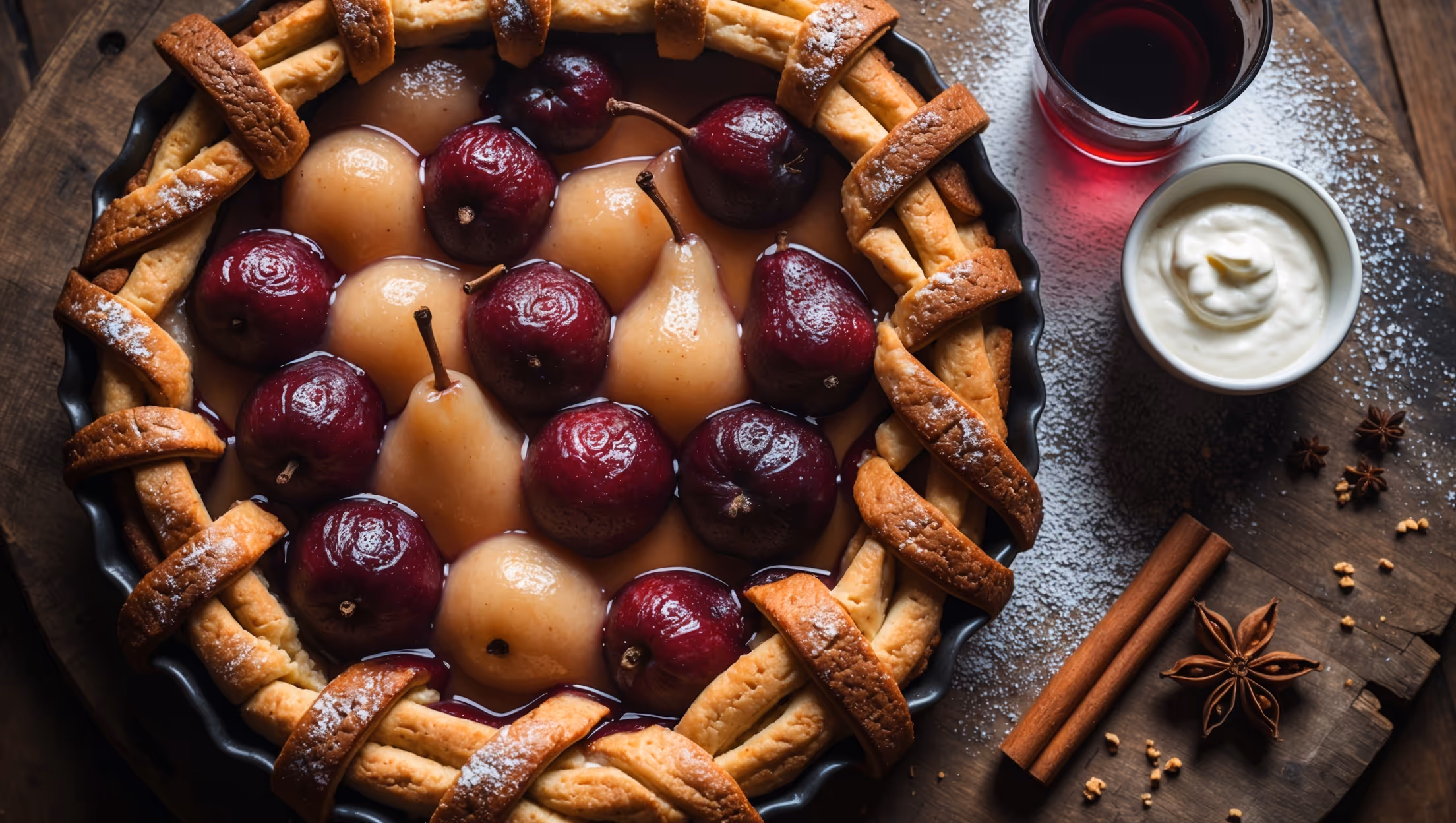 An overhead shot captures the intricate speculoos cookie lattice pattern, beautifully browned with glossy crimson wine-poached pears peeking through the gaps. A cross-section reveals layers of burgundy-hued pears nestled in amber spiced custard against the flaky golden crust. Natural light highlights the caramelized edges of the cookie lattice and the glistening fruit. The pie sits on a weathered wooden board, dusted with powdered sugar, beside a small pot of crème fraîche and a delicate glass of ruby port. Scattered cinnamon sticks, whole star anise, and speculoos cookie crumbs complete the rustic autumn tableau.
