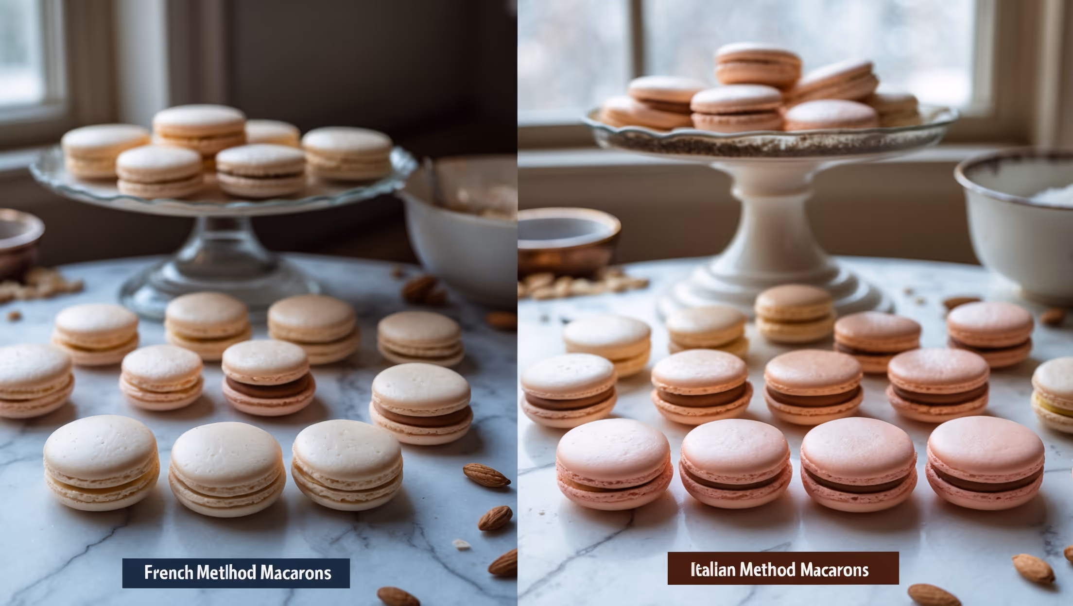 A side-by-side comparison of French and Italian method macarons on a marble pastry board, bathed in soft natural light from a nearby window. The left side features slightly more rustic French method macarons with characteristic ruffled feet, while the right showcases the perfectly smooth-topped Italian method macarons with uniform feet. Both sets display identical pastel colors with a subtle sheen, arranged in pairs with their bottoms facing upward to reveal their delicate, airy structure. A vintage cake stand in the background holds assembled macarons, revealing their ganache filling, while scattered almond flour and a sieve hint at the meticulous process. A hand-written label identifies each method, emphasizing the educational aspect of this visual baking experiment.