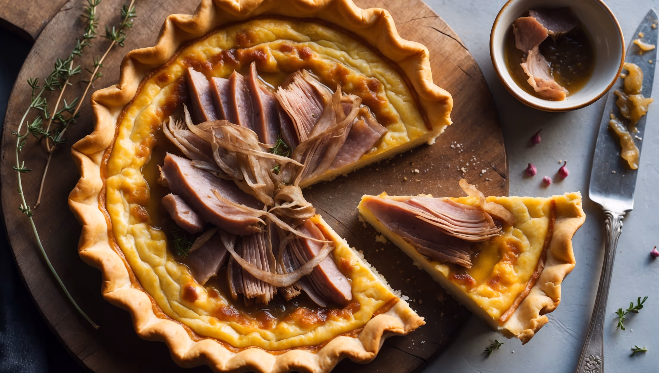 An overhead shot of a golden-brown quiche with a slice removed, revealing layers of creamy onion soubise and tender shredded duck confit. The crust appears flaky and perfectly browned around the edges, sitting on a rustic wooden serving board. Natural window light highlights the caramelized top surface and glossy interior. A small ceramic ramekin of additional onion soubise sits alongside, while scattered fresh thyme sprigs and a few pink peppercorns add visual contrast. A vintage silver serving knife with duck confit remnants rests beside the quiche, emphasizing the luxurious texture and rich amber tones of the filling.