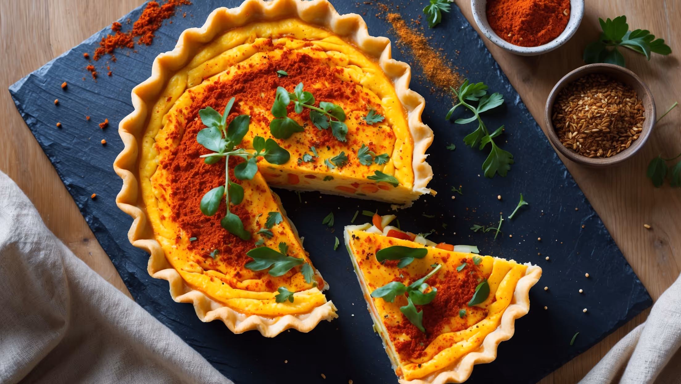 An overhead shot of a golden-brown quiche with a perfectly crimped crust, the surface speckled with vibrant red berbere spices against the yellowy-orange egg filling. A cross-section reveals layers of colorful vegetables and melted cheese nestled in the silky custard. The quiche is photographed in soft natural light on a dark slate board, garnished with fresh herbs and a sprinkle of additional berbere spice. Surrounding the main dish are small bowls of ingredients—toasted spices, vibrant vegetables, and a small jar of berbere blend—creating a warmly inviting North African-inspired tableau.