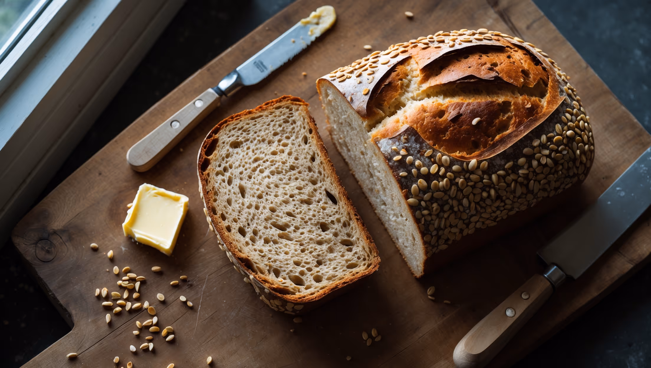 Overhead shot of a freshly-sliced 9-grain sandwich loaf on a rustic wooden cutting board, with one perfect slice standing upright showing its hearty, even crumb structure. Soft natural light streams through a kitchen window, highlighting the varied textures of visible grain pieces scattered throughout the golden-brown crust. A butter knife with a small pat of melting butter rests alongside, while a few scattered whole grains decorate the board. The bread's tall, domed top displays an artisan-style slash pattern that cracked beautifully during baking, revealing the complex interior with its characteristic multi-grain speckles and moist, tender crumb.