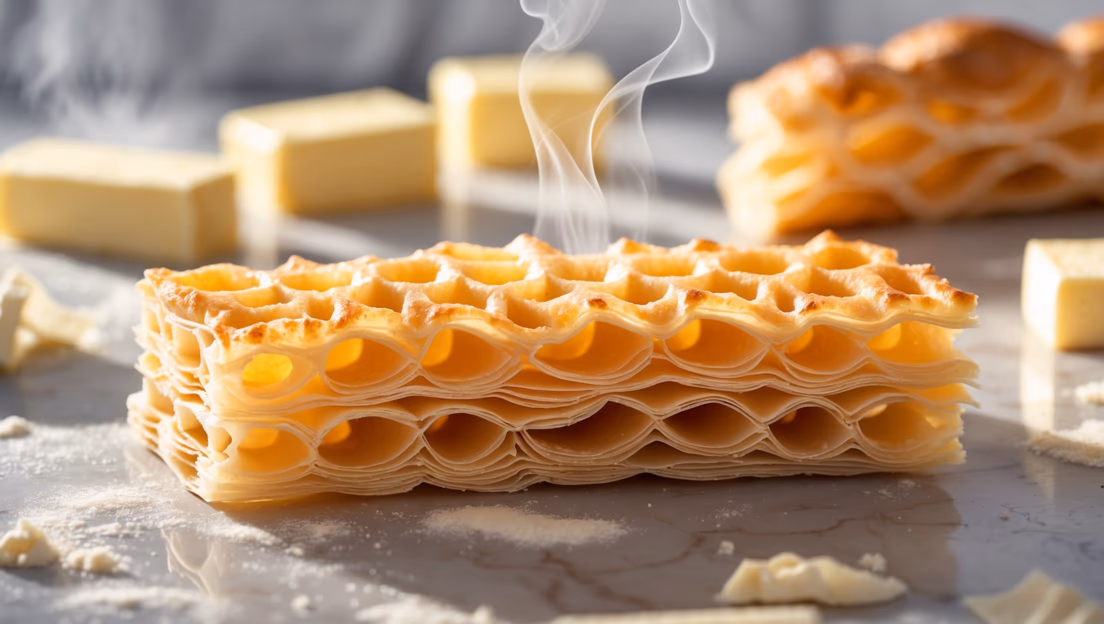 A close-up cross-section reveals the stunning honeycomb structure of the golden-brown pastry, with distinct layers creating a mesmerizing pattern that resembles delicate architecture. Shot in warm natural light against a marble surface, scattered flour and butter wrappers in soft focus in the background. A single pastry has been sliced to showcase the perfect stratification of the 81 layers, each one glistening with the distinctive yellow hue of high-quality cultured butter. Steam rises gently from the freshly baked piece, highlighting the impossibly light and airy texture that gives way at the slightest touch.