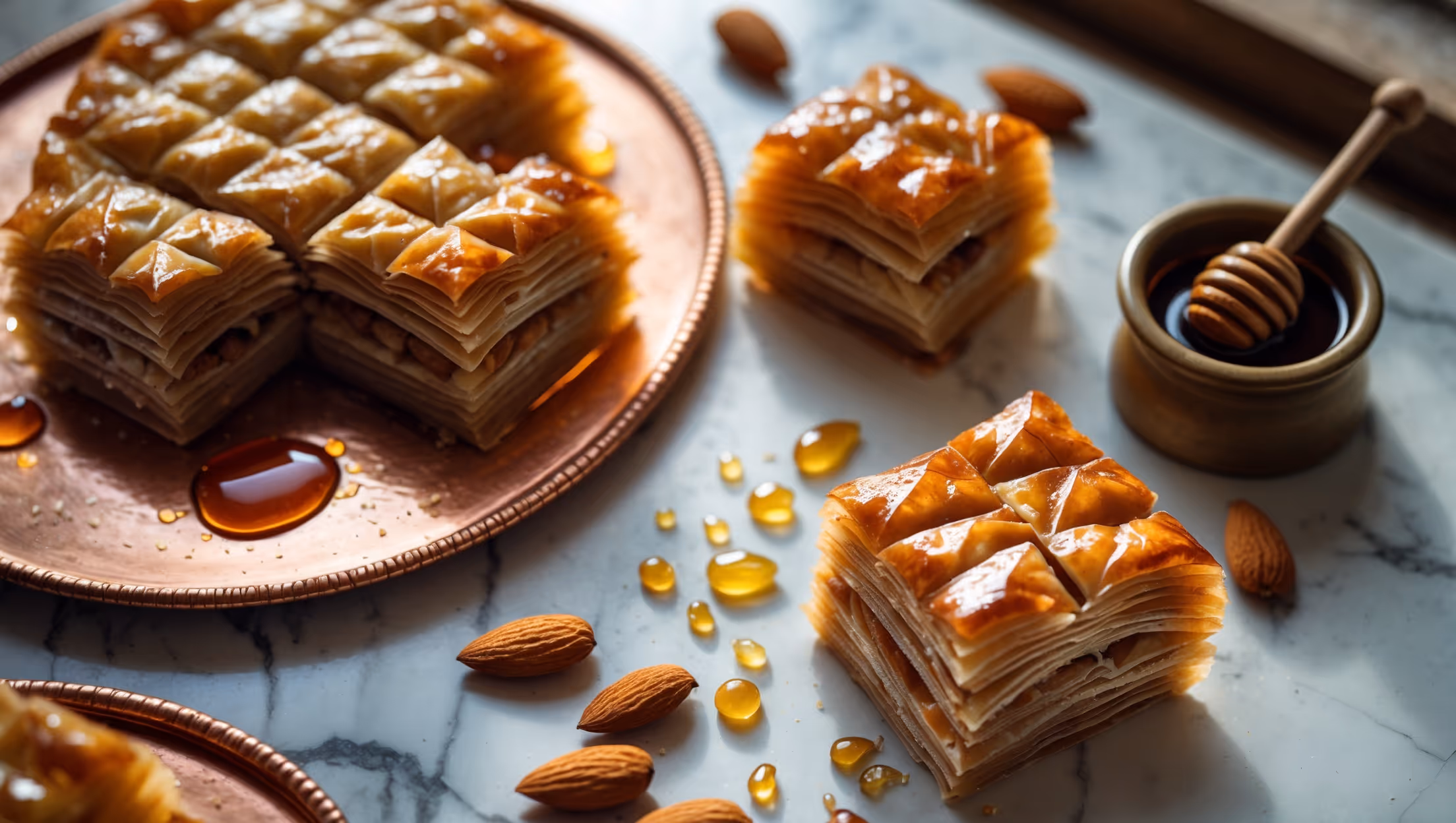 An overhead shot of diamond-cut almond baklava on a vintage copper serving tray, with soft window light highlighting the glistening honey syrup on top. The close-up reveals multiple delicate phyllo layers and the rich almond filling peeking through. A cross-section piece stands propped up, showcasing its architectural layers and golden-brown crisp edges. Scattered whole almonds, cinnamon sticks, and a small pot of honey with a wooden dipper complete the styling on a marble surface, emphasizing the Mediterranean heritage of this dessert. Tiny droplets of syrup catch the light, conveying the perfect sticky-sweet finish.
