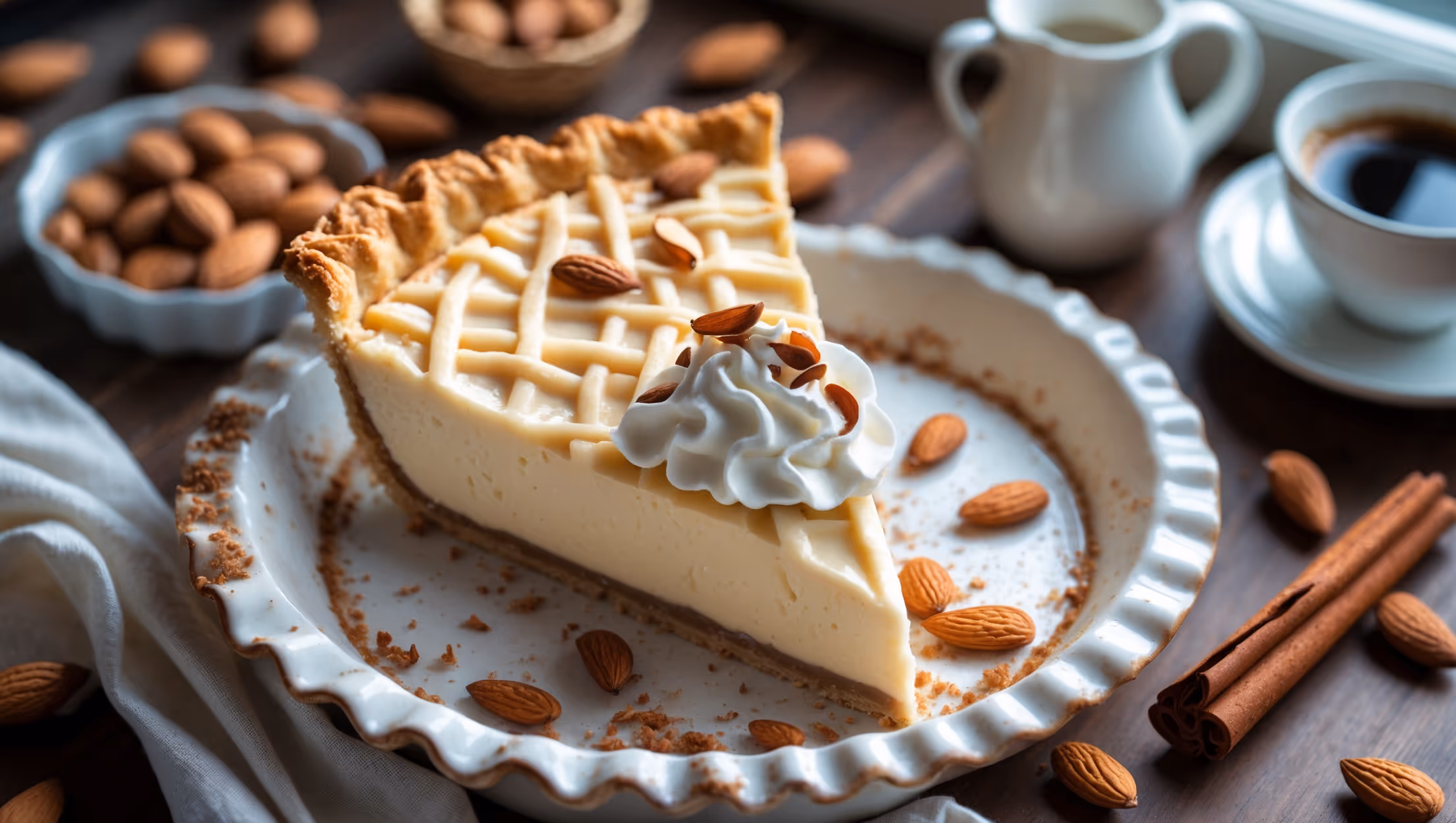An overhead shot of a perfectly sliced almond cream pie revealing a velvety, pale golden custard filling nestled in a crisp, lattice-browned crust. The slice stands tall on a vintage white ceramic plate, with a dollop of freshly whipped cream melting slightly at the edges and garnished with toasted almond slivers. Natural window light casts gentle shadows, highlighting the pie's silky texture and the flaky layers of the pastry. In the background, scattered raw almonds, a small pitcher of cream, and a steaming cup of coffee suggest a cozy afternoon indulgence, while cinnamon sticks add warm visual notes that complement the pie's nutty flavor profile.