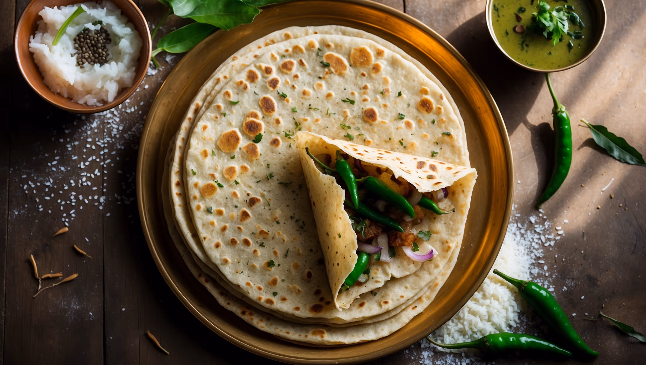 An overhead shot of a stack of golden-brown Akki Rotis arranged on a traditional brass plate, with one flatbread broken to reveal its speckled interior filled with green chilies, onions, and fresh herbs. Soft natural light streams across the scene, highlighting the textured surface and crispy edges of each flatbread. A small copper bowl of coconut chutney sits alongside, with fresh curry leaves and mustard seeds scattered decoratively. The flatbreads are photographed on a rustic wooden table with scattered rice flour and a few whole green chilies as props, emphasizing their authentic South Indian heritage.